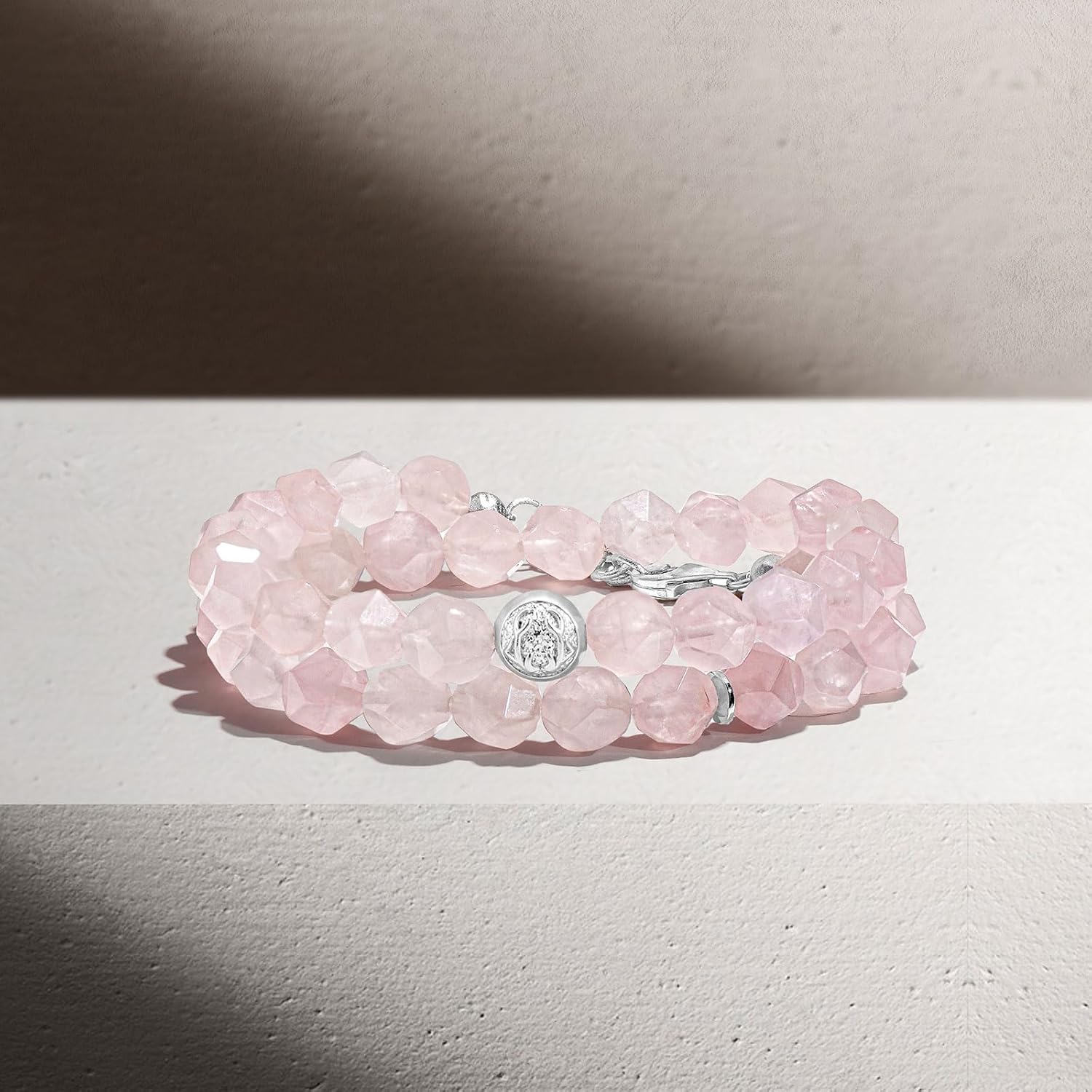 AWNL Women's Aquamarine Rose Quartz Stackable Beaded Bracelet with Sterling Silver Centre Charm and Lobster Clasp (8mm Gemstone), 5.1''-6.3''