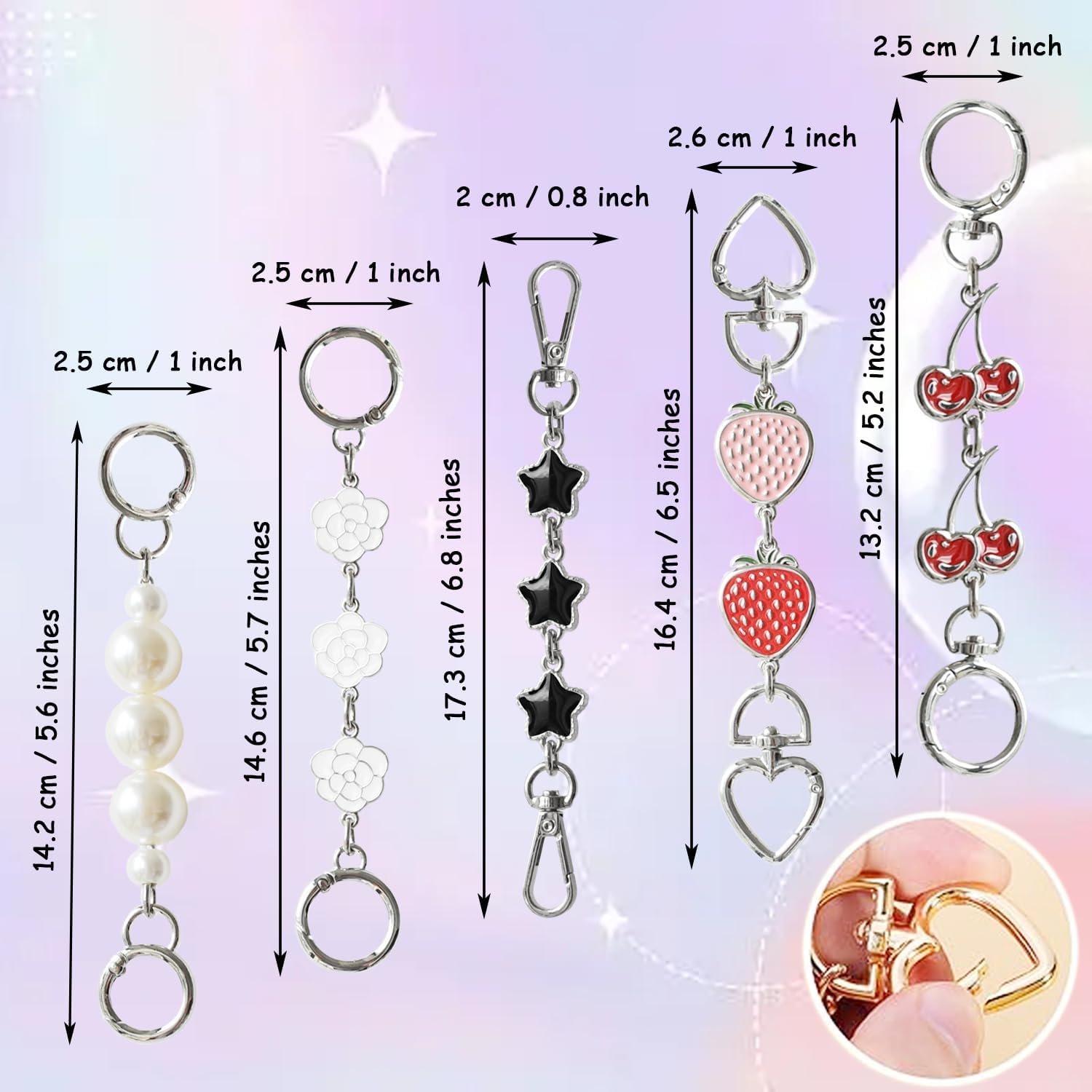 Chewarelly 5Pcs Bag Chain Extender Purse Strap Extenders Handbags Extender Chain Replacement Valentine Gifts Mother’s Day Gift(Strawberry Flower Star Cherry Pearl with Silver Buckle)