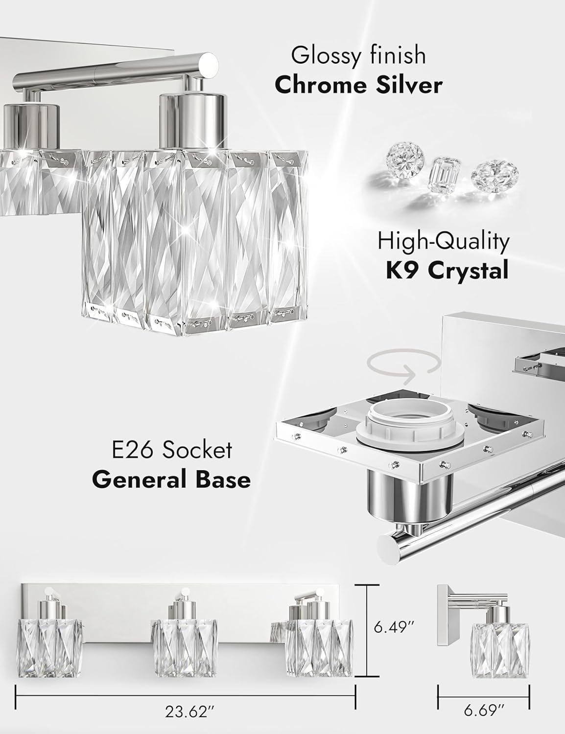 VOLISUN Chrome Bathroom Light Fixtures, Modern Stainless Steel Bathroom Lighting Fixtures Over Mirror, 3 Light Bathrooms Vanity Light, Crystal Vanity Light for Bathrooms-UL Certificated(Exclude Bulb)