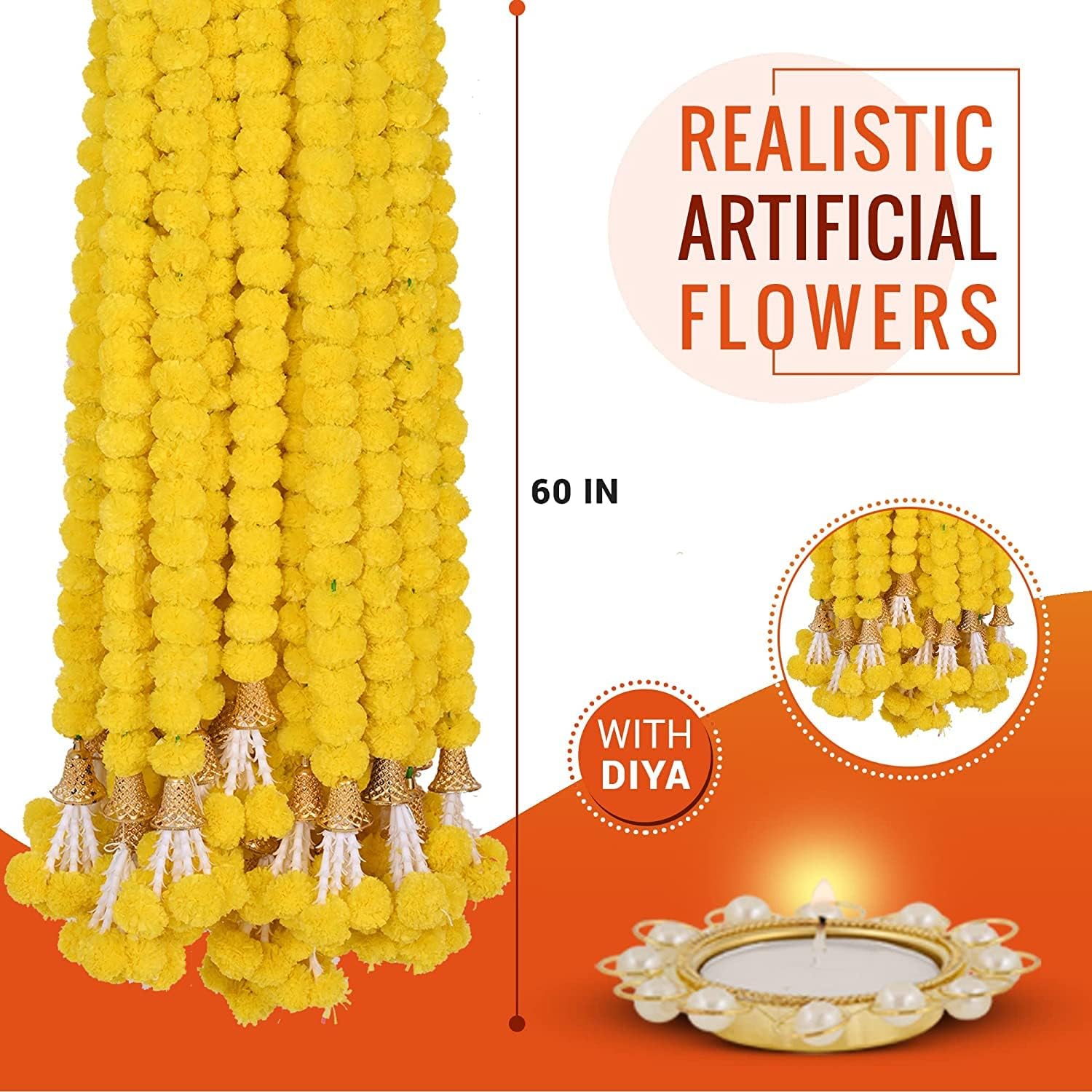 Artificial Marigold Flowers For Decoration Garland With Bell For Diwali & Festivals | 5 Feet Long 5 Pcs With 1 Diya (Yellow), 5 Centimeters