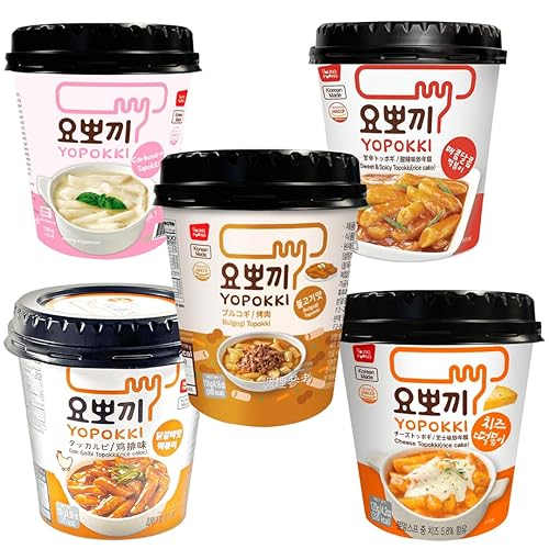Young Poong Korean Rice Cake Topokki Tteokbokki Assorted Flavours Instant Cup Yopokki Snacks Set (Pack of 5)