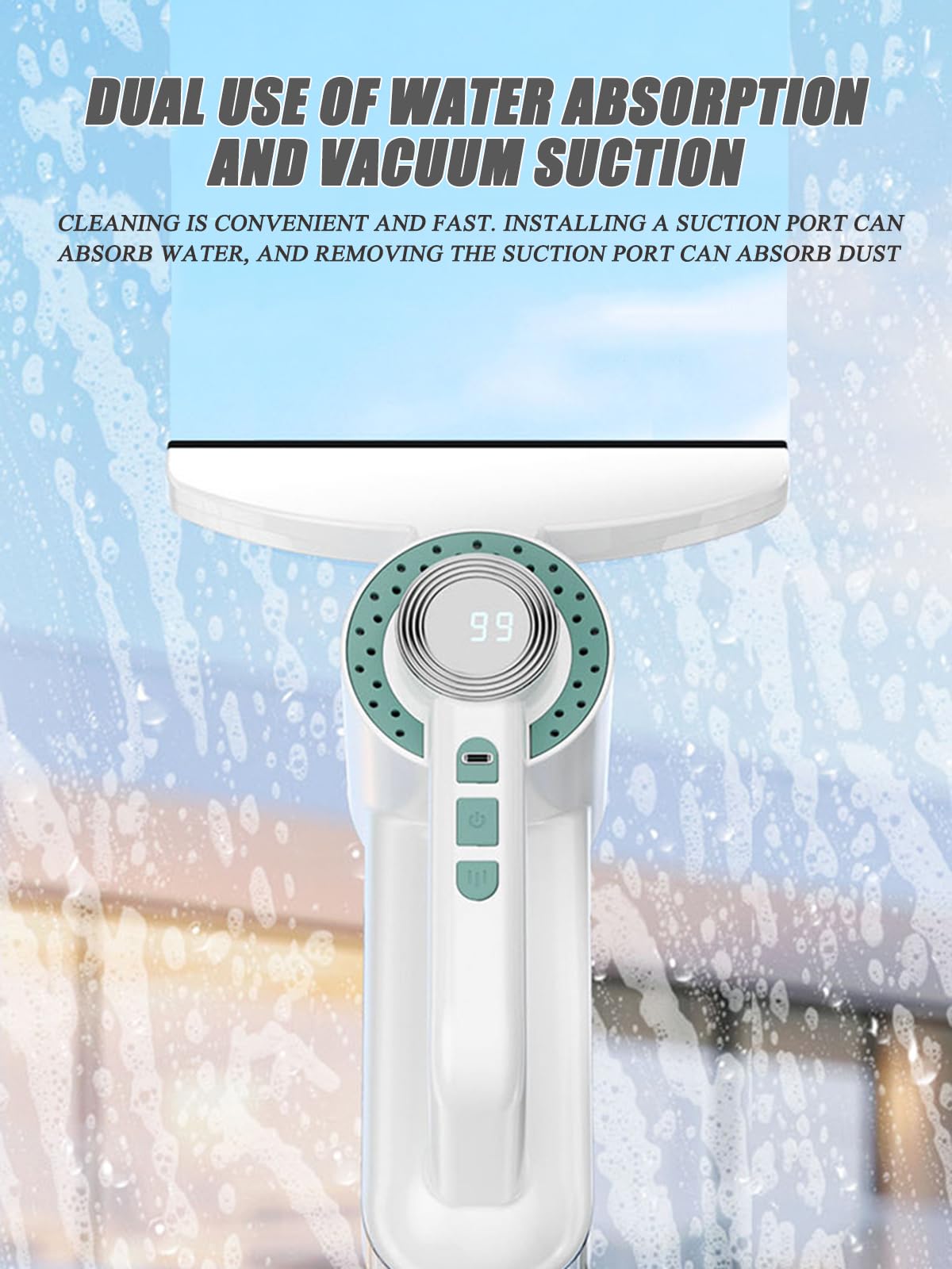 Pulitore elettrico per finestre, 1200 Pa, con bottiglia d'acqua staccabile, display a LED, spatola estesa, perfetto per la pulizia di vetri, doccia, specchi e auto