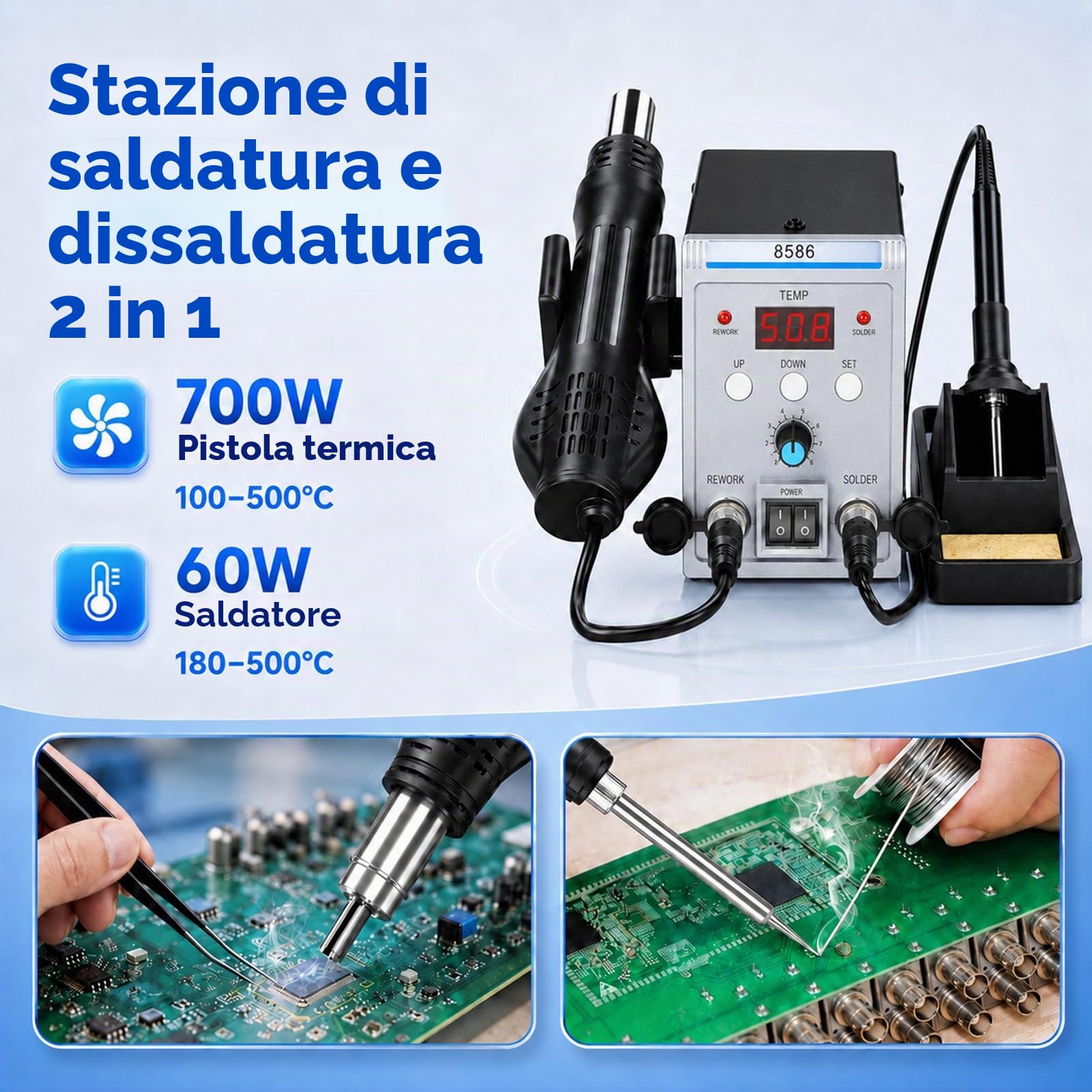 Stazione Saldante, 700W Stazione Saldatura e ad Aria Calda 2 in 1 Saldatore Stagno con Display a LED, Stazione Dissaldante per Elettronica, Progetti fai-da-te, Riparazione