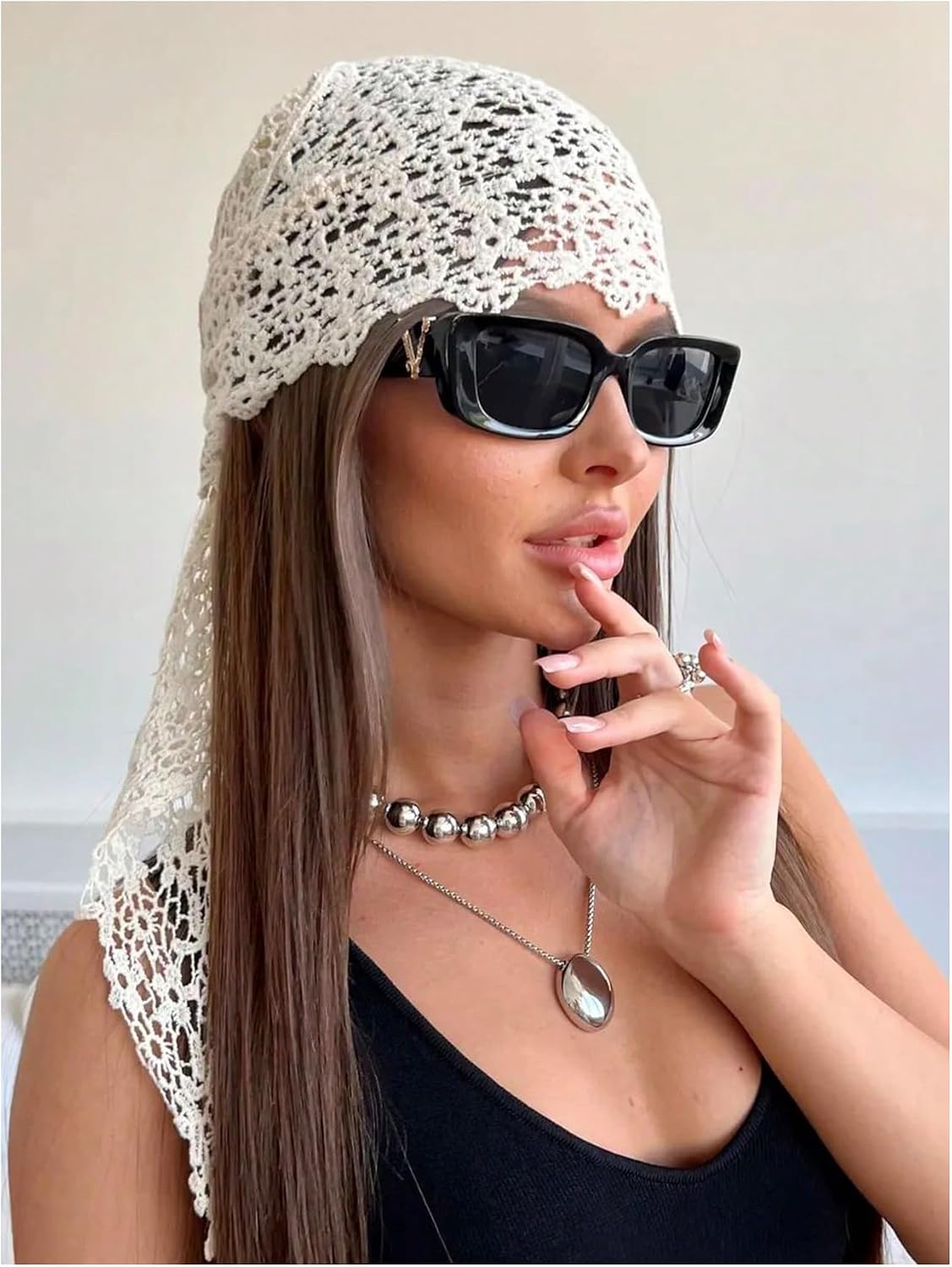 MakeMeChic Women's Crochet Head Scarf Boho Lace Bandana Head Bands Hair Scarf Beach Headband