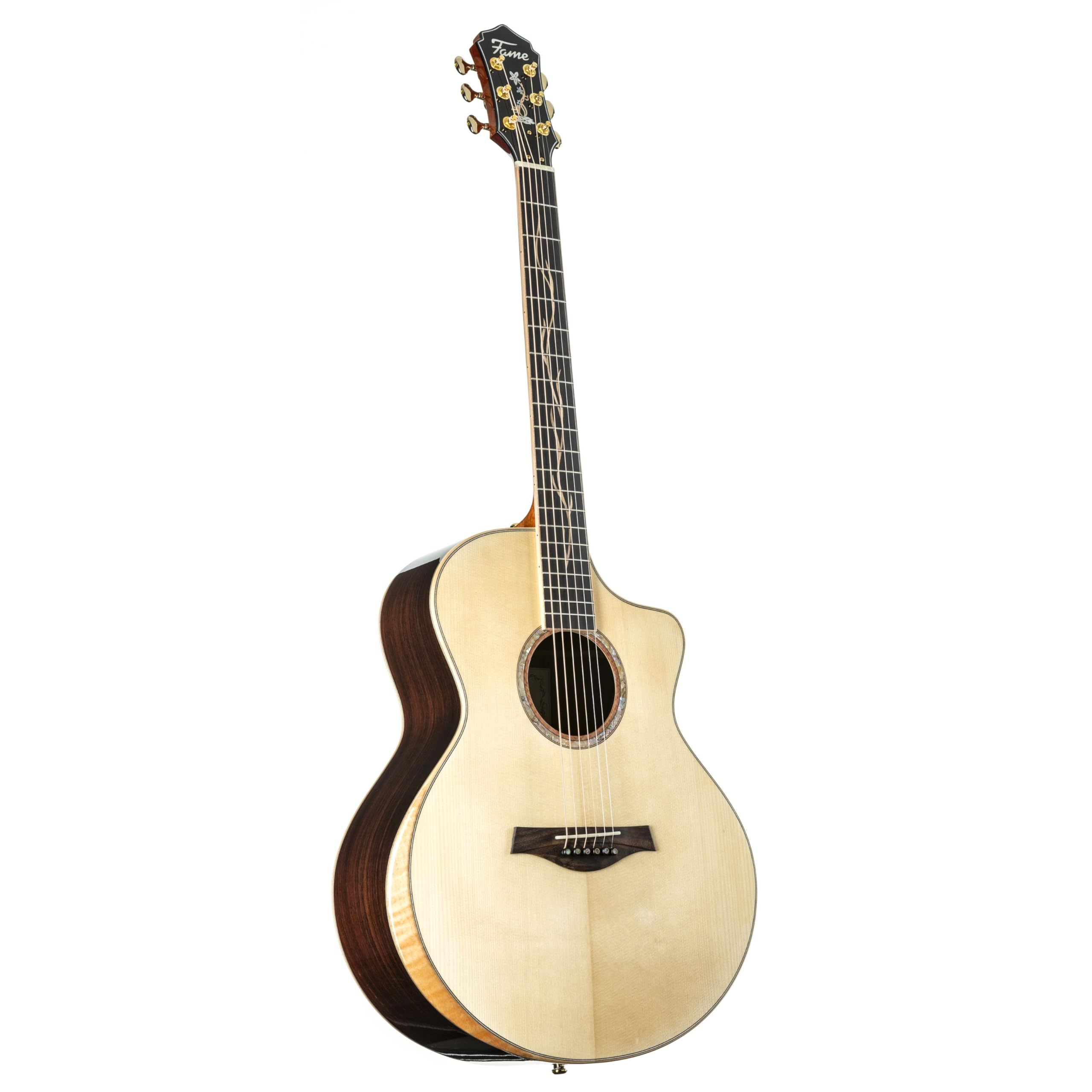 Fame Rosewood Deluxe Westerngitarre, Grand Auditorium, Fichte Massive Decke, Palisander Boden und Zargen, Mahagoni Hals, Ebenholz Griffbrett, kompatibel mit Tonabnehmersystem