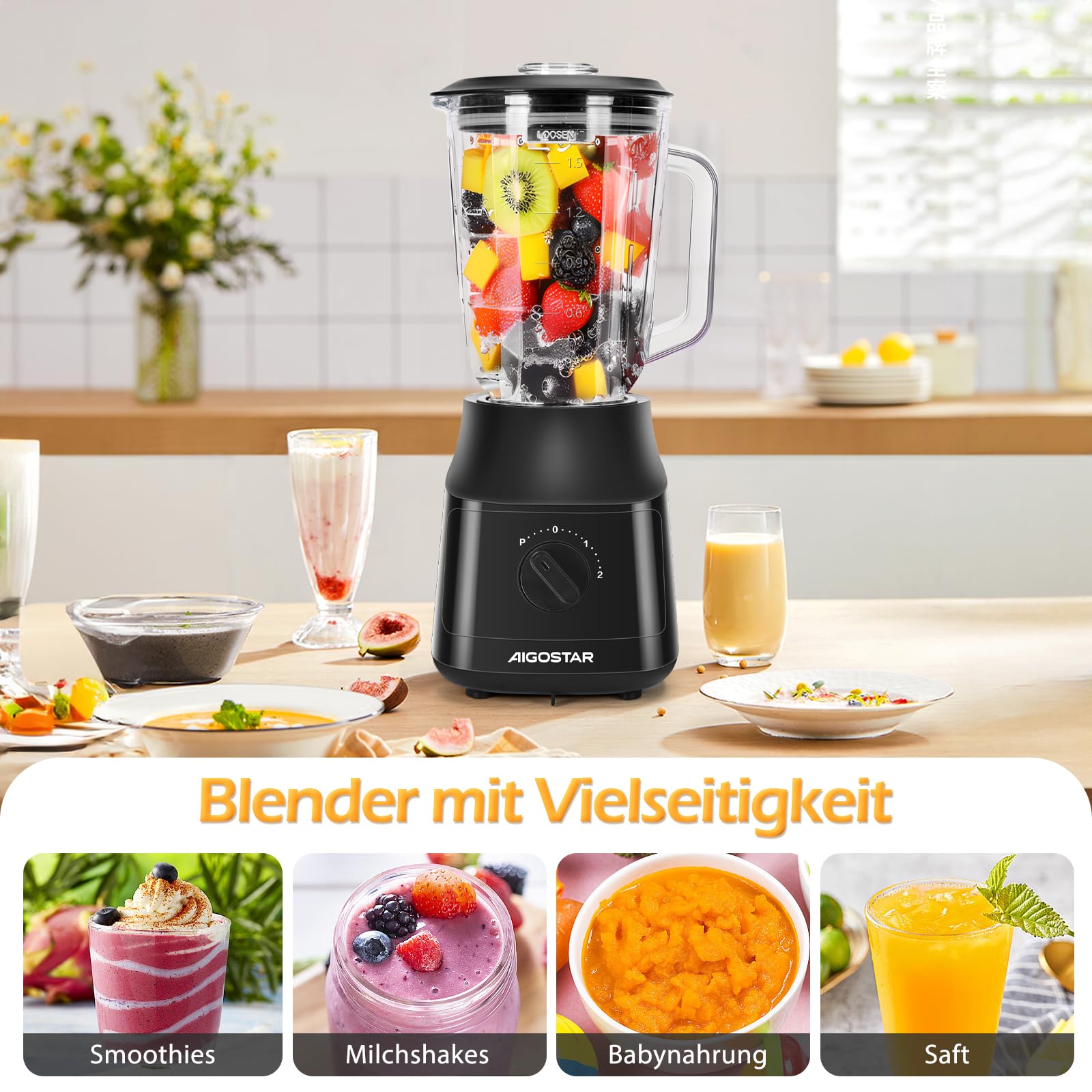 Aigostar Swift - Standmixer und Smoothie Maker, 1.5 Liter Glasbehälter, Titanbeschichteten Klingen, Ice Crush Funktion, 2 Geschwindigkeiten + Pulse, Spülmaschinenfeste Teile, 800W, Schwarz