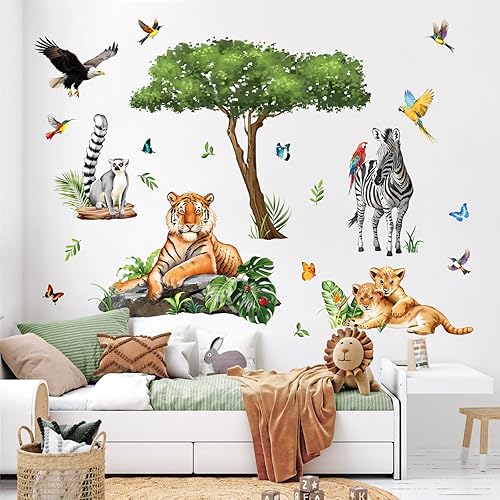 Miniatura 4 de Calcomanías de pared de animales de safari en la selva para habitación de los niños, calcomanías de pared de animales salvajes de leopardo tigre,
