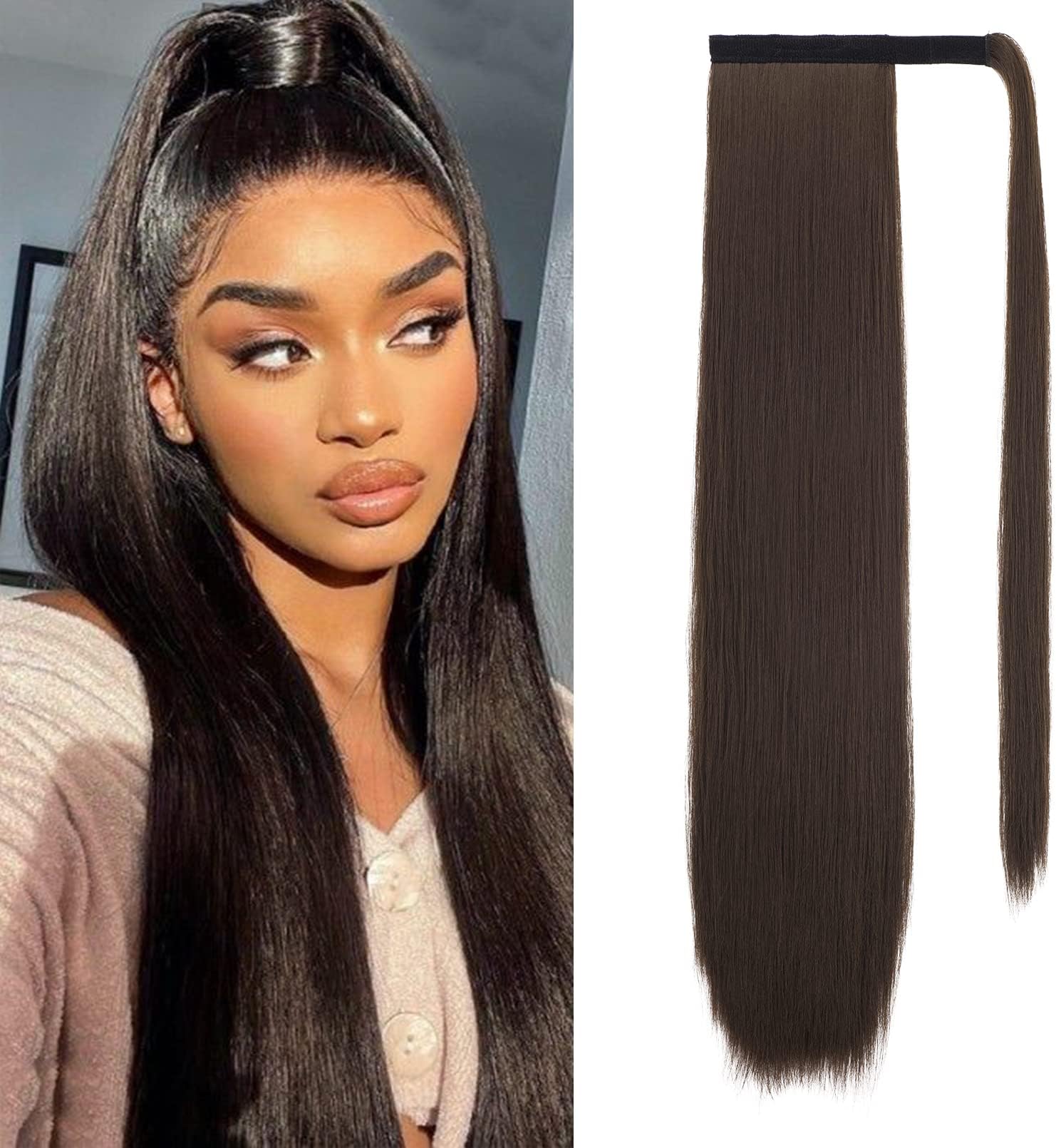 Clip in Ponytail Extension Wrap Around Straight Hair for Women (28", Dark Chocolate Brown)