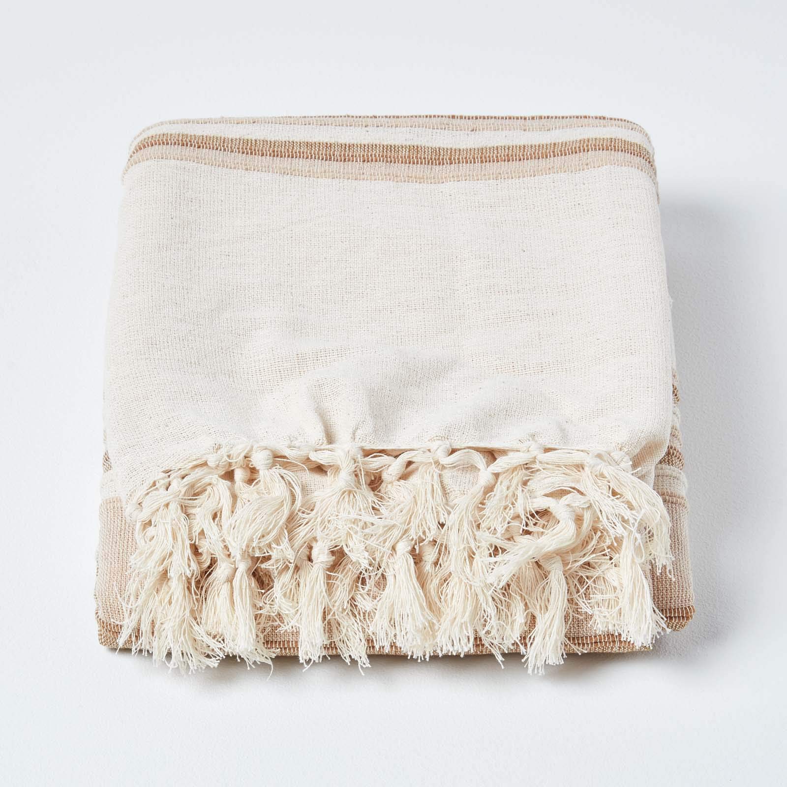 HOMESCAPES Large Natural Beige Throw “Morocco” Cotton Textured Stripe Throw 225 x 255 cm Bedspread Sofa Throw Handmade Suitable for 2 or 3 Seater Sofas or Double and King Size Beds Machine Washable - Image 2