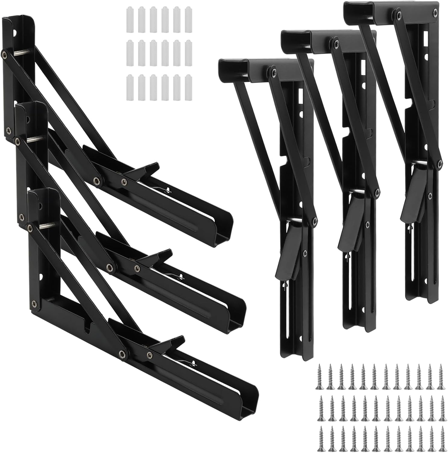 SHEUTSAN 6 PCS 10 Inch Folding Shelf Brackets, Black Folding Hinges Brackets for Workbench, Folding Table, DIY