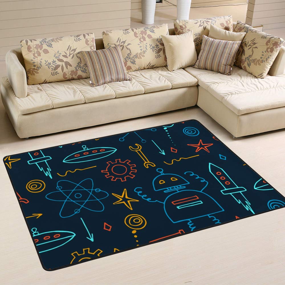 Tapis bleu foncé rectangulaire motif robot fait main pour décoration chambre et grand salon