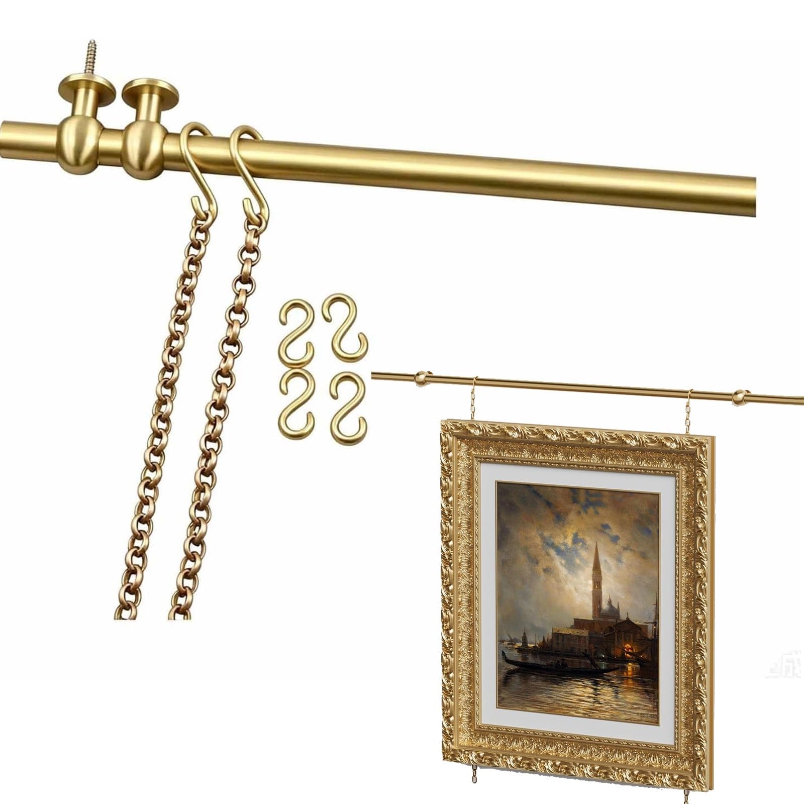 Xxbbyubo Picture Rail Hanging System, Antique Brass Rod with Chain and Hooks, Metal Display Rod Gallery Hanging Track for Living Room Wall Decor(23.6in Rod)