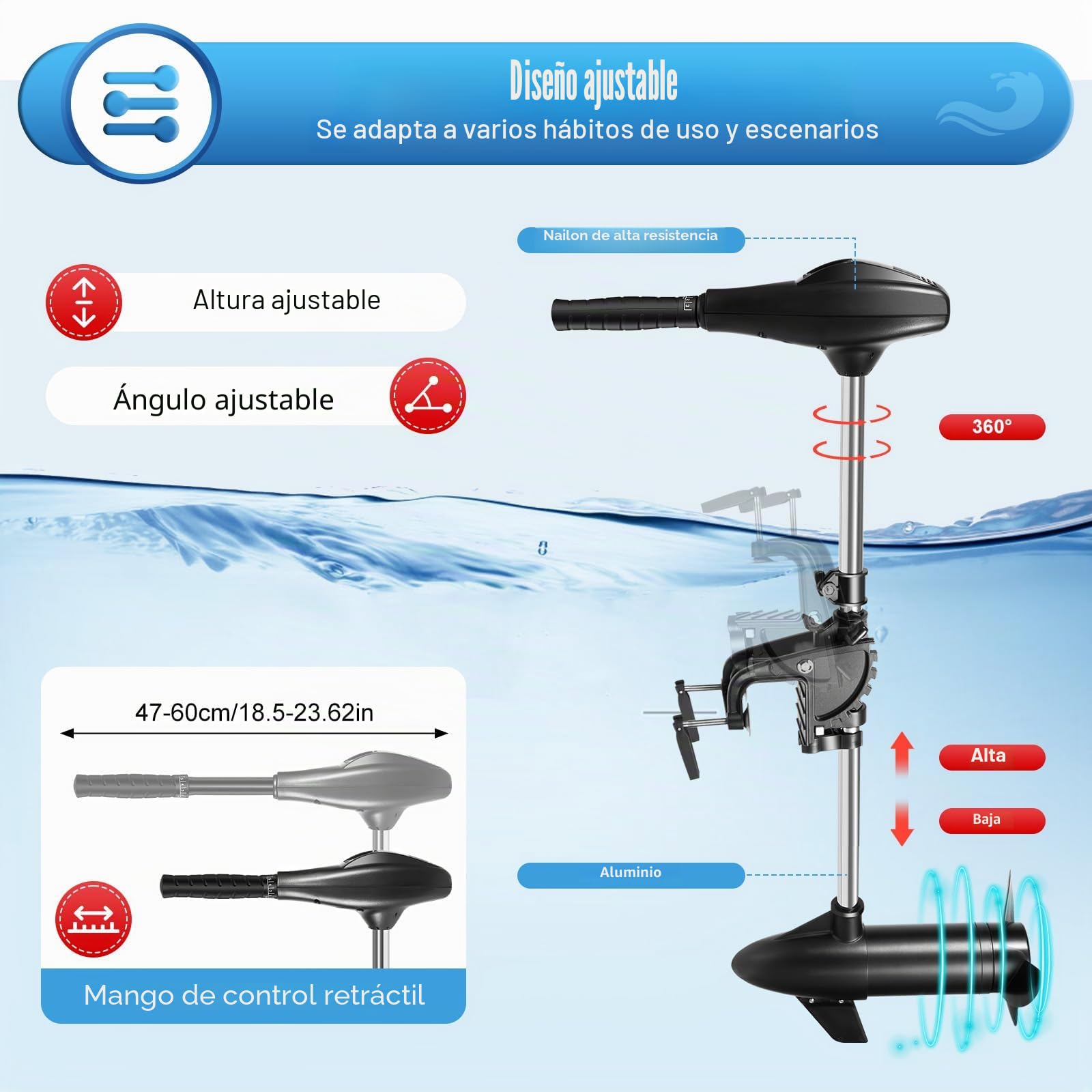 Motor fueraborda eléctrico 58LBS de 612 W, motor fueraborda con 5 marchas adelante+3 marchas atrás, eje largo, motor eléctrico para kayak/barcos, 500 kg de fuerza de tracción