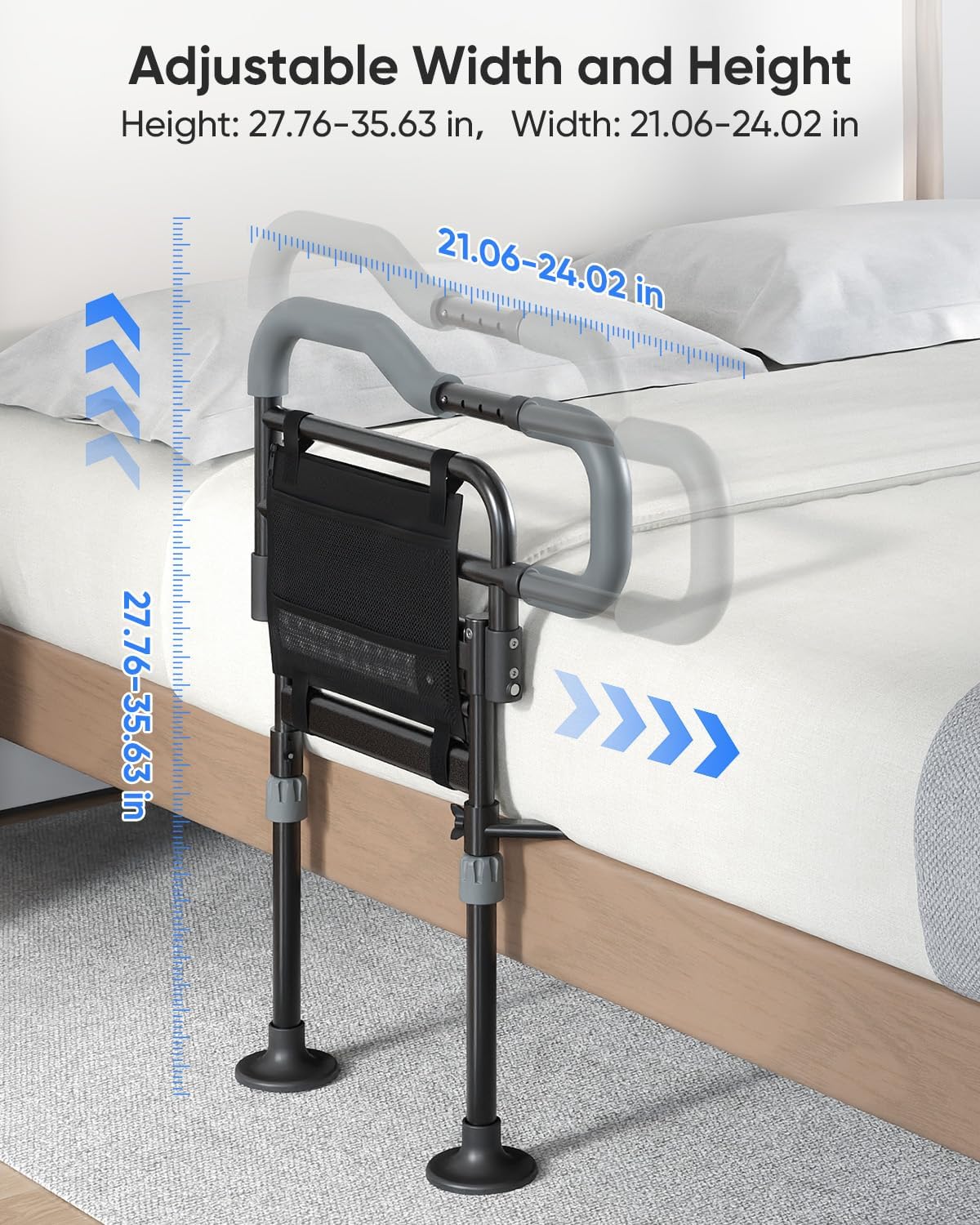 Bed Rails for Elderly Adults Safety, 180° Foldable Bed Assist Rails for Seniors, Non-Slip Handle & Suction Feet, Height Adjustable Bed Cane, Motion Sensor Light, FSA,HSA Eligible, Fits 7-13" Mattress