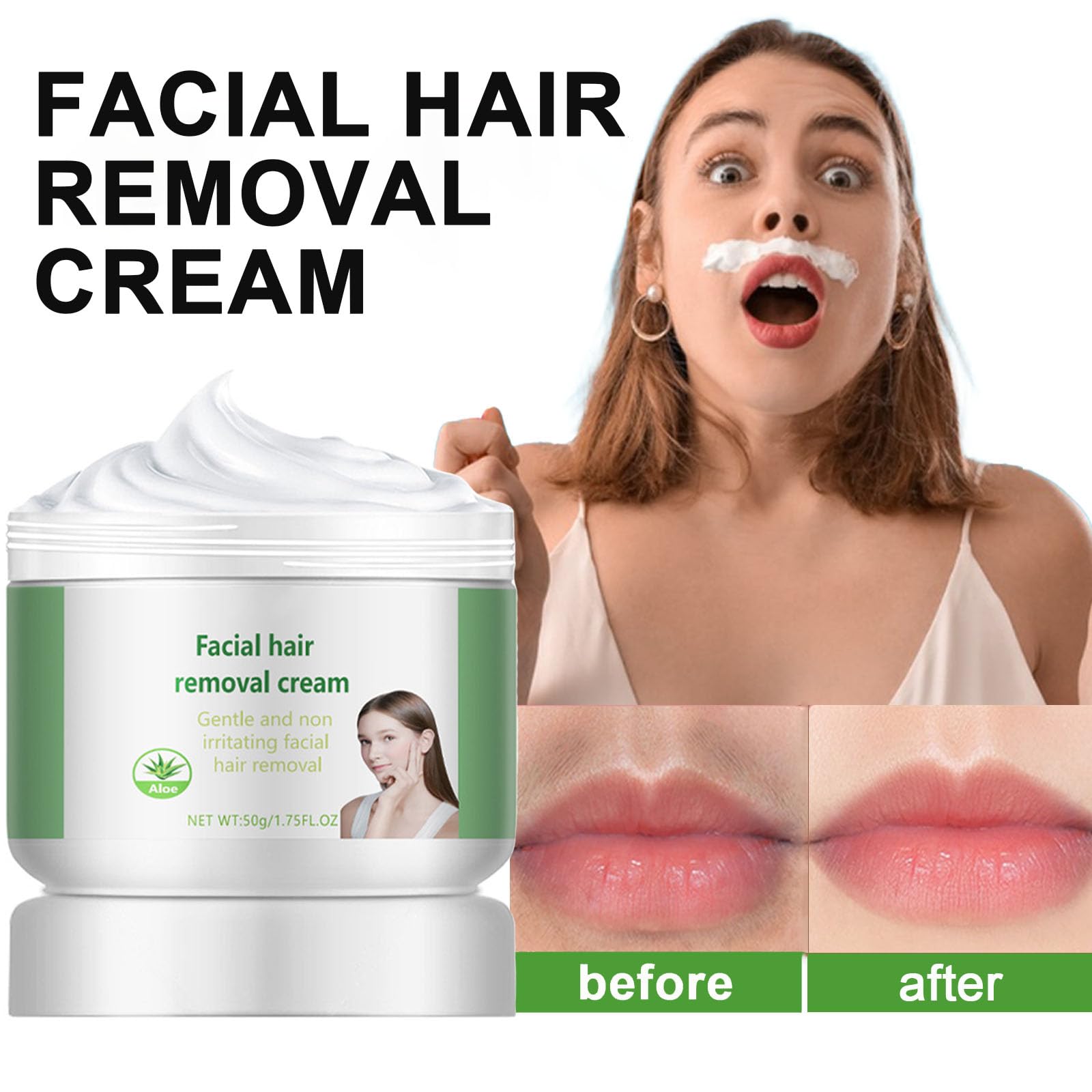 Crema depilatoria facial y depilatoria para mujeres, crema de depilación facial de aloe vera para labio superior y barbilla, removedor de vello facial para piel sensible corporal, suave y no irritante 2