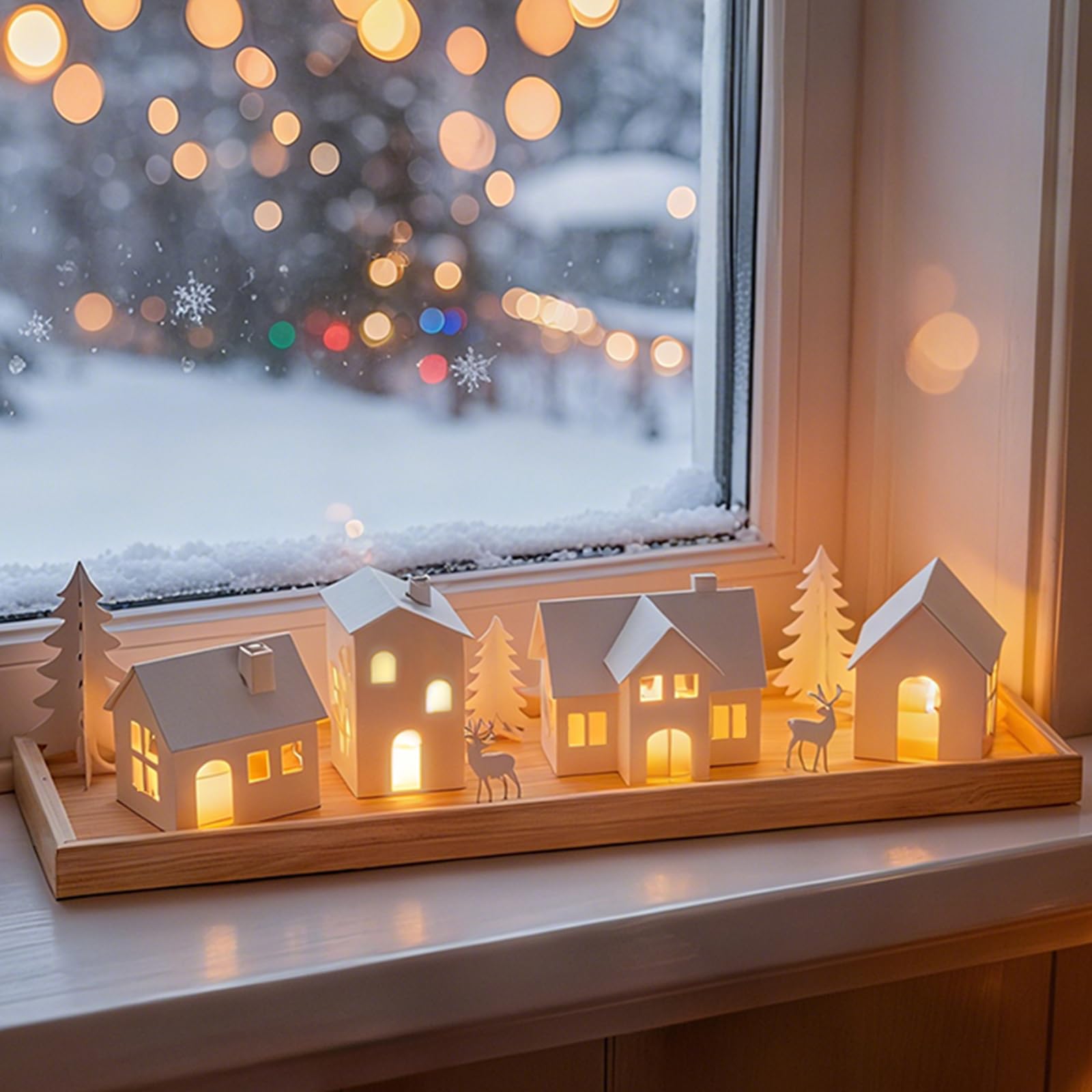 Sziqiqi Christmas Village Decorazione Natalizia: 4 Portacandele a Casa in Metallo con 4 Candele LED - Set Scenario Invernale con Vassoio in Legno per Decorazione Casa Regalo