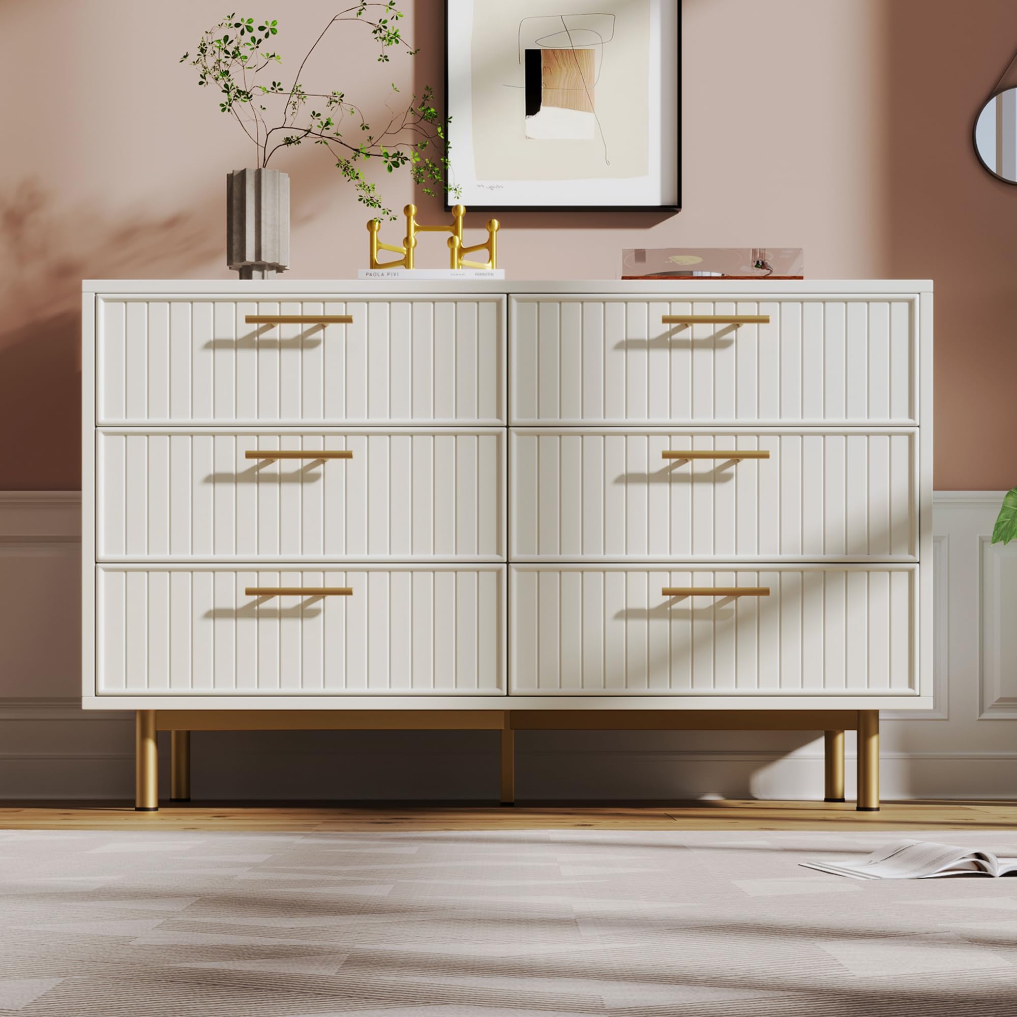 BTM Sideboard Cabinet for Living Room, White Chest of Drawers with 6 Drawers, 40D x 120W x 75H CM