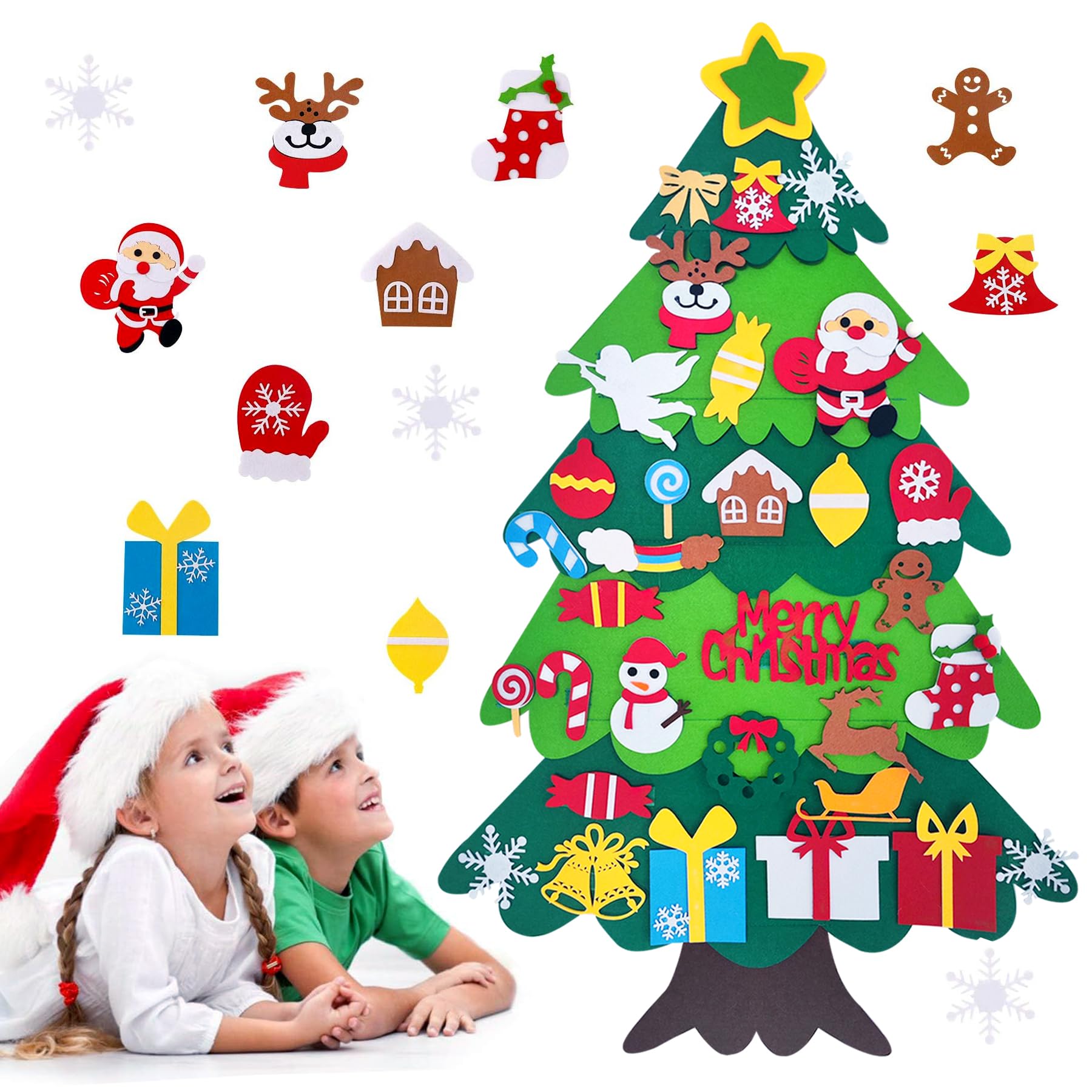 CLHXWU Feltro Albero Natale,100 cm Alto Albero di Natale in Feltro per Bambini,DIY Albero Natale Feltro Con 32 Staccabili Ornamenti Natalizio,Regali di Natale per Bambini (A)