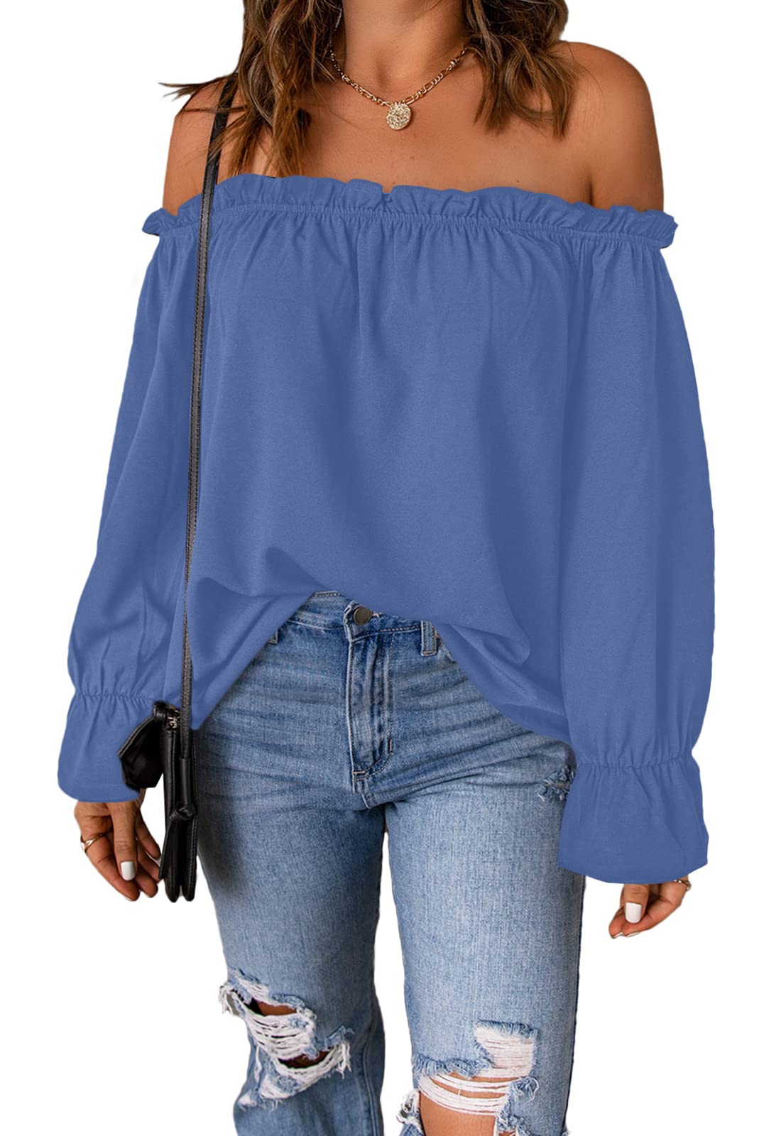 Spriolim Women's Off Shoulder Top Ruffle Long Sleeve Chiffon Blouse Casual Loose Shirts