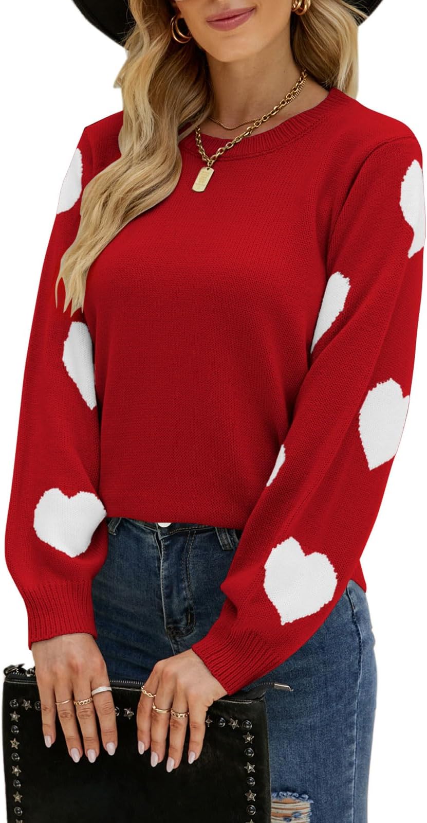 Women's Pullover Sweaters Long Sleeve Crew Neck Cute Multi-Hearts Knitted Casual Sweater
