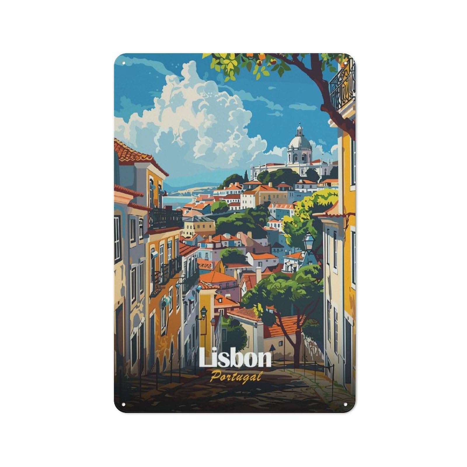Junmoney Style-17 Metal Gift Sign With Lisbon, Portugal Cityscape Illustration Design 30X20cm, Character Room Wall Plaque For Flat, Dorm Room, Lounge Or Cafe