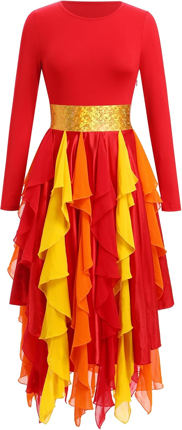 IDOPIP Metallic Praise Dance Dress for Women Asymmetric Ruffle Overlay Dresses Liturgical Lyrical Dancewear Worship Costume - Image 7