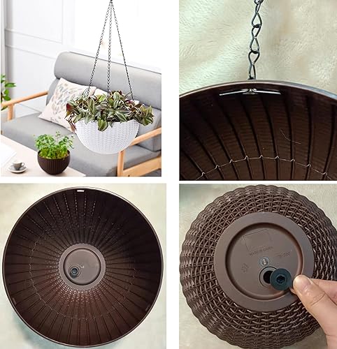 Miniatura 5 de Cesta colgante de plástico maceta redonda de resina para jardín para plantas de interior y exterior paquete de 2 unidades color marrón