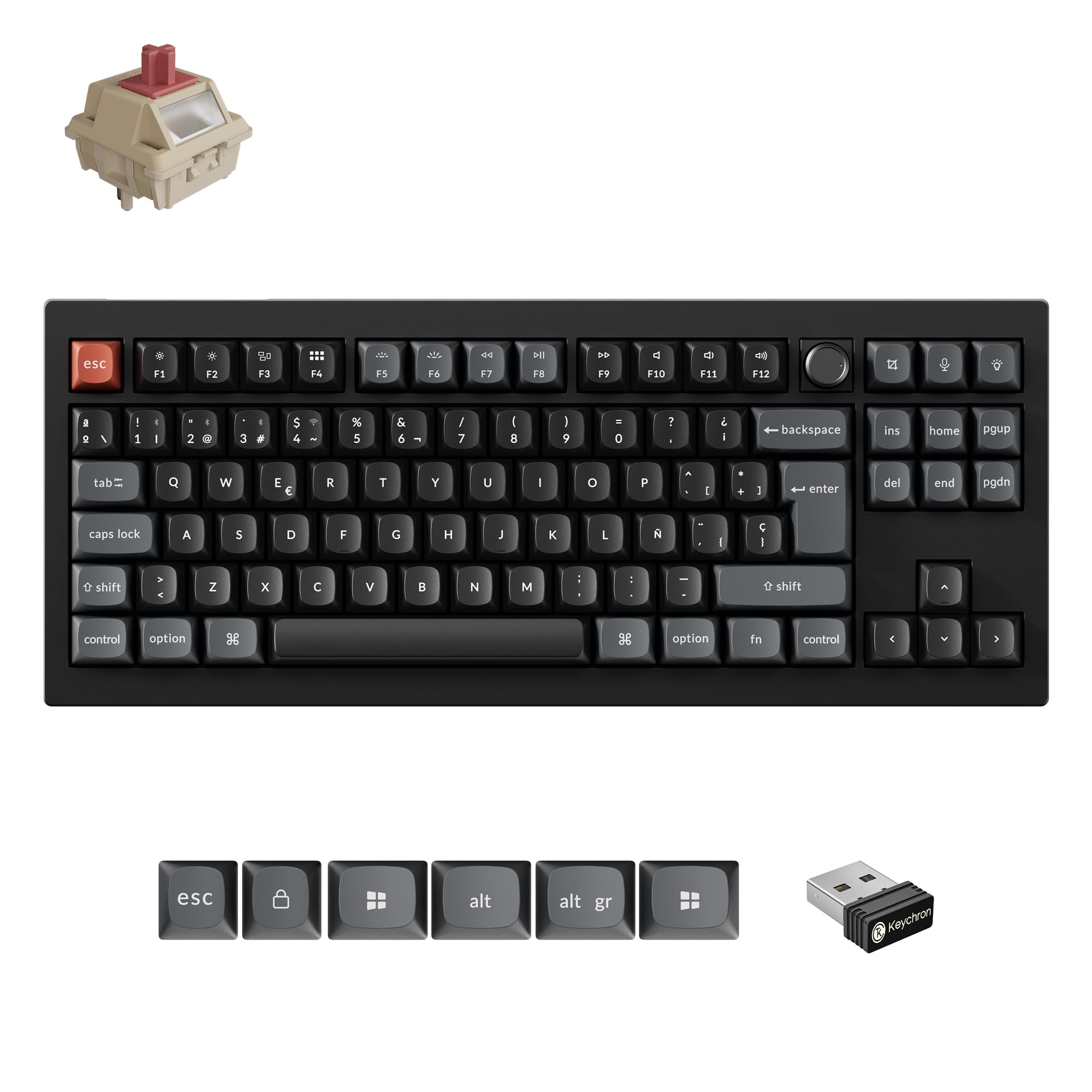 Keychron V3 Ultra ZMK Teclado Mecánico Inalámbrico, TKL(80%), ISO-ES, 8000Hz Tasa de Sondeo, 2,4 GHz/Bluetooth 5.3/USB-C, RGB, Prelubricado, para Mac, Windows y Linux, Interruptores Silk Pom Rojos