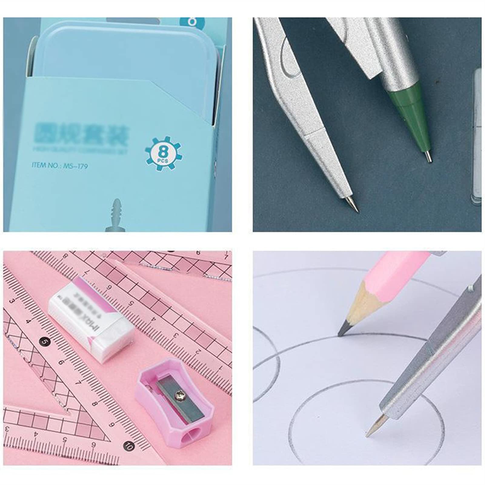 Compas 8 pièces/Ensemble métal géométrie mathématiques Dessin Compas règle Ensemble de Papeterie école mathématique Papeterie étudiants Outils de Dessin Outils de Mesure，Pink