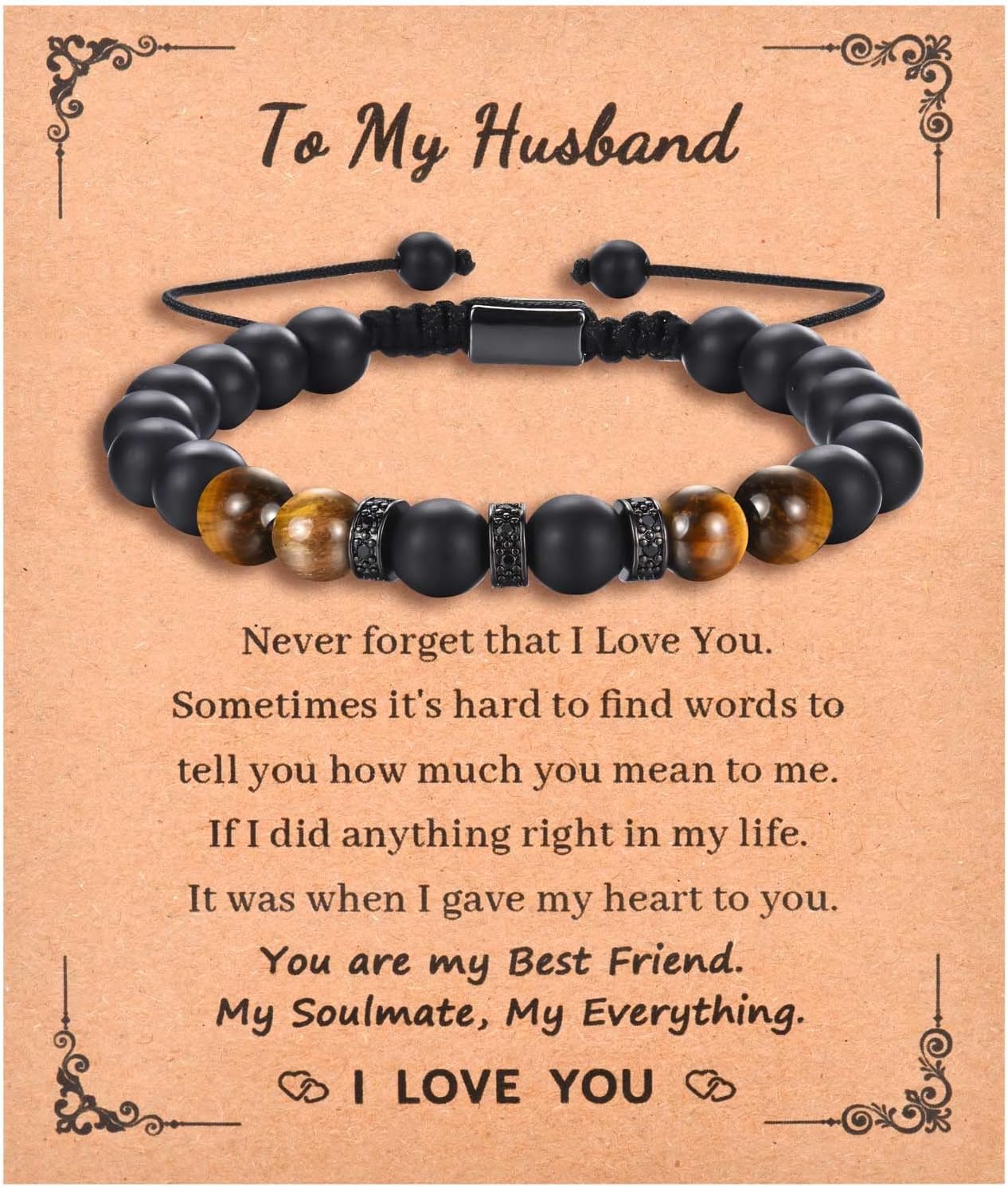 Gifts for Husband, Tiger Eye Bracelet Black Onyx Stone Bracelet for Husband, Present for Anniversary Birthday Fathers Day Christmas Valentines Day