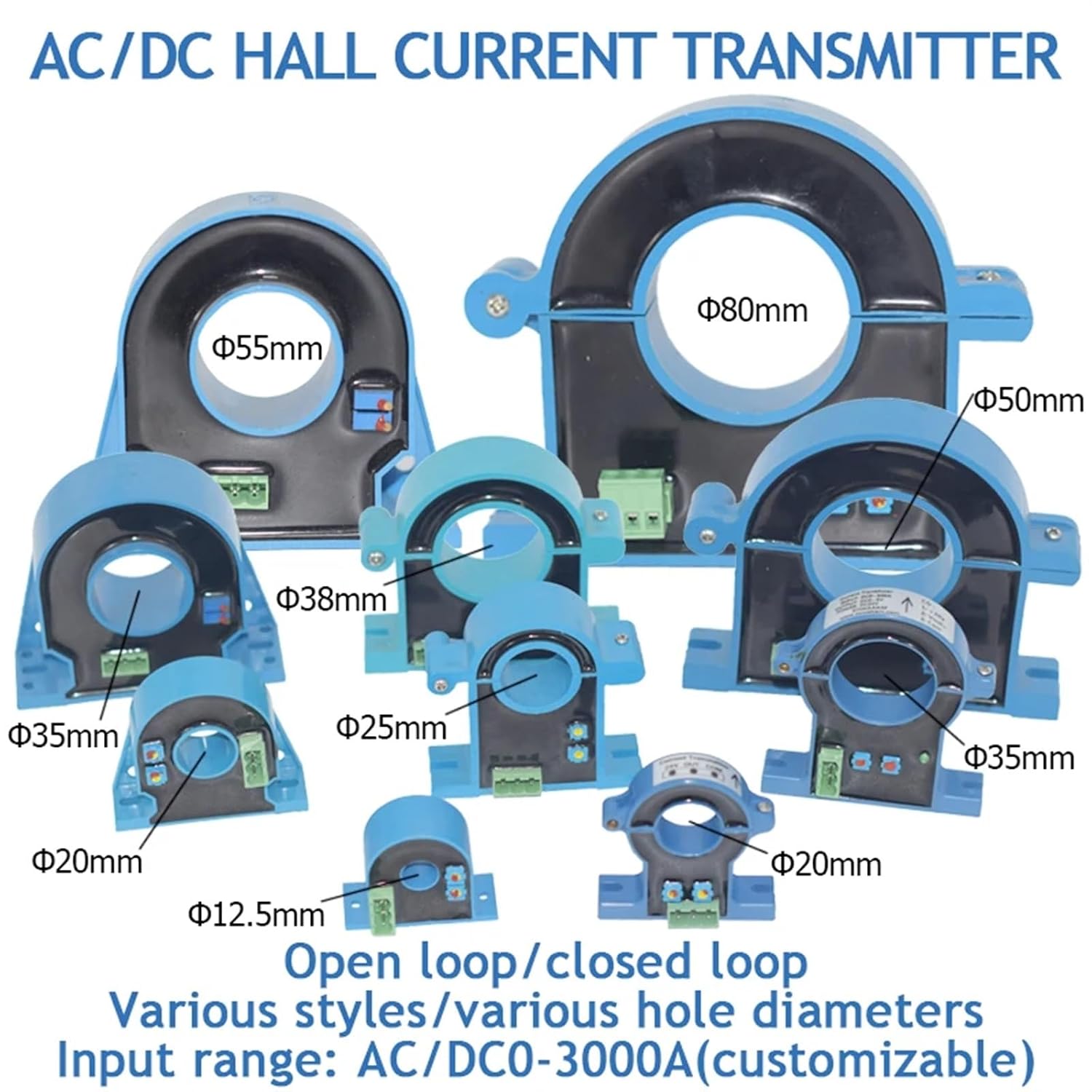 1PCS AC/DC Hall Current Sensor 0-1000A AC-DC Current Detection 4-20mA 0-20mA 0-5V 10V RS485 Output Open-Close Current Transmitter(Output 0-5V,AC-DC0-600A_Hole 38MM_DC12V)