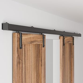 10FT/120" Box Rail Sliding Barn Door Hardware,Wall Mount Box Track Exterior Kit for Double Door,Black Heavy DutyNo Door