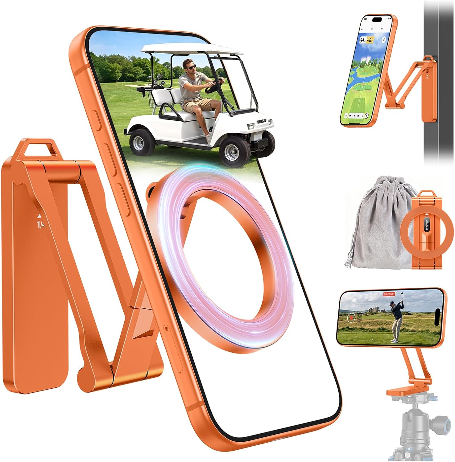 OMOTON CV08 Magnetic Golf Cart Phone Mount with [1/4” Screw + 5.6” Extendable Arm], 360° Rotatable Holder, Strong Magnets for iPhone & Samsung, Fits EZ-GO/Club Car, Includes Pouch & Strap (Orange)