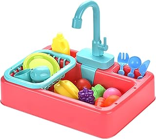 مجموعة ألعاب حوض المطبخ التظاهرية للأطفال مع نظام دورة مياه اوتوماتيك من اميتويز، مناسبة للعب الأدوار في المنزل للأطفال البنات والأولاد