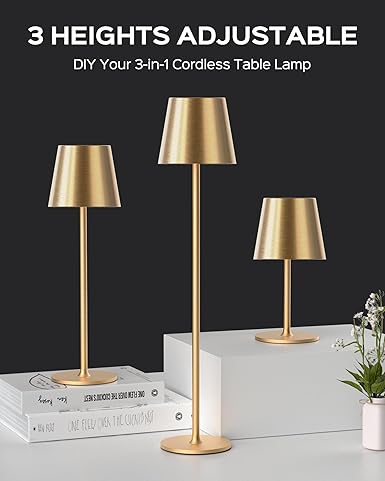 JACKYLED JACKYLED Cordless Table Lamps Rechargeable, 3 Adjustable Height, 5000mAh Battery Operated, 3 Colors Smooth Dimming, Portable LED Waterproof Gold Lamp for Dining, Bedroom, Outdoor (2 Pack) photo 6