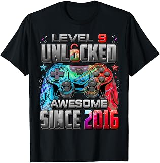 Level 9 Unlocked Awesome Since 2016 9th Birthday Gaming T-Shirt