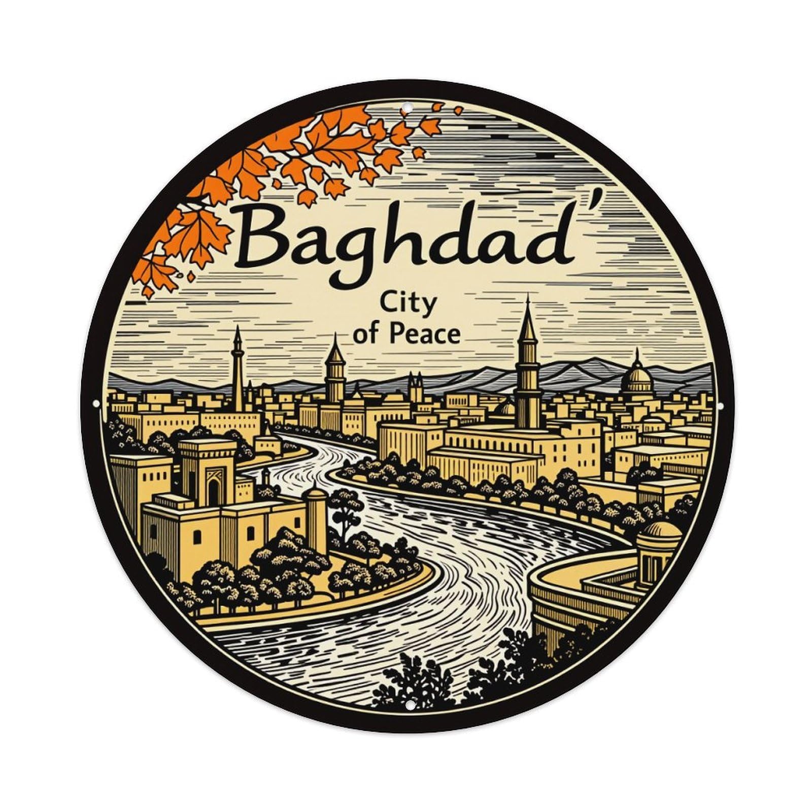 Baghdad City Of Peace River Scene Round Tin Sign Vintage Style Metal Sign Home Bar Garden Wall Plaque Decor Metal Poster 8x8 Inch