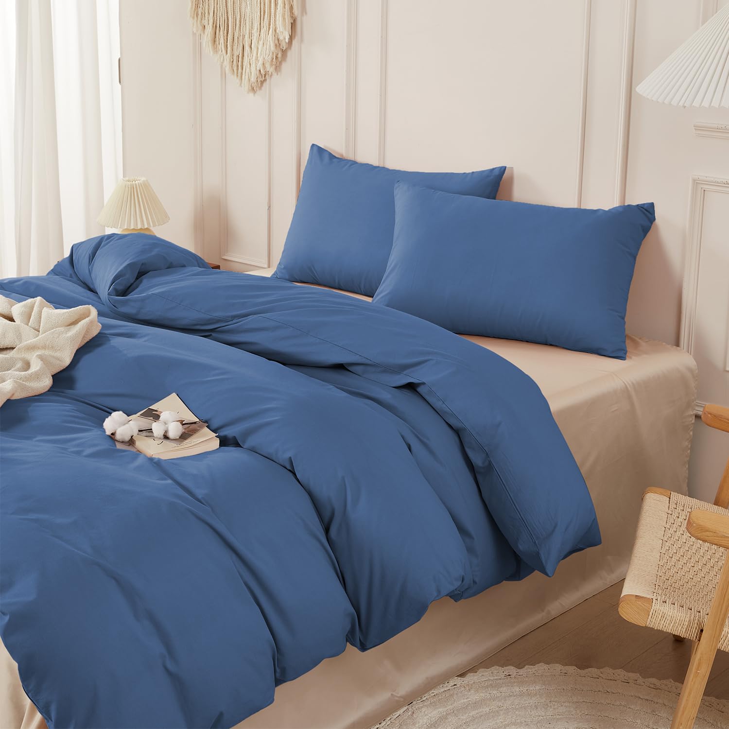 SAPHREAS Navy Blue Duvet Cover Set 100% Washed Cotton Double Size 3Pcs 8 Corner Ties Modern Solid Bedding Soft 1 Duvet Cover with Zipper 2 Pillow Shams