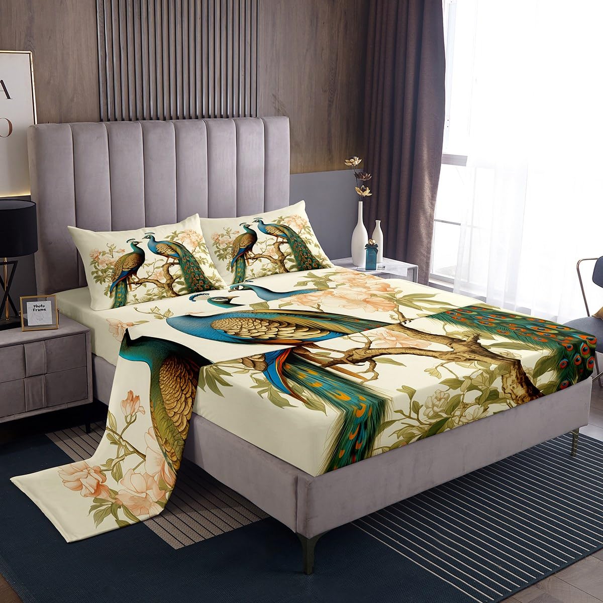 Peacock Kids Sheet King Size,Watercolor Hand-painted Flowers Tree Leaves Bedding Set,Boys Girls Room Decor,Bird Wild Animals Blue Green Colorful Bed Sheet Set 4pcs(Fitted + Flat + 2 Pillowcases)