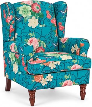 KEIKI Modern Floral Accent Chair Retro Wood Legs, Linen Wingback Armchair for Living Room Bedroom Office, Floral Single Sofa Seat with Pine Frame, Comfy High Density Foam, Easy Assembly, Cyan
