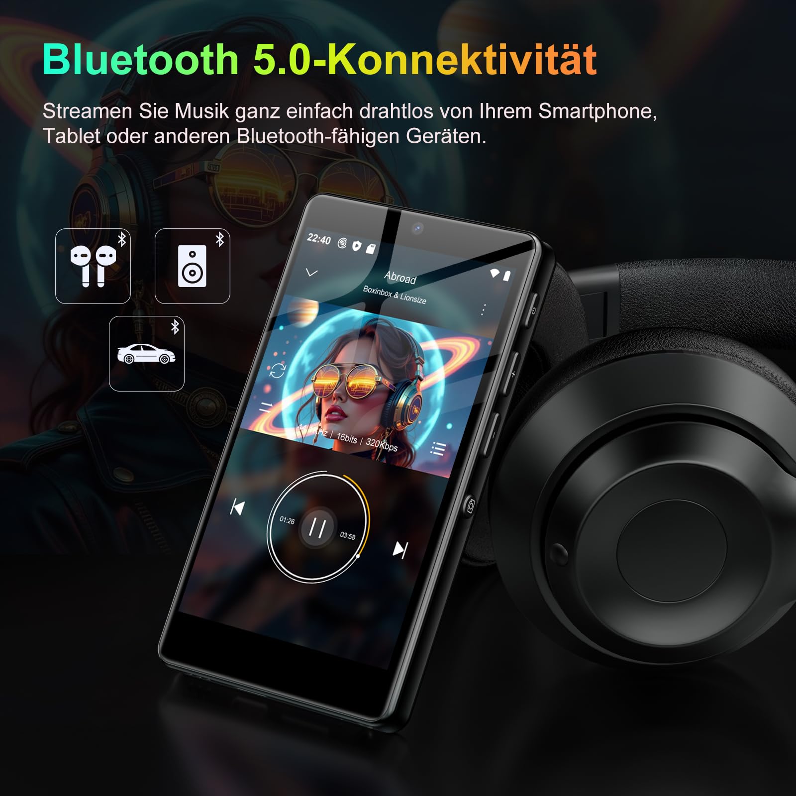 96GB MP3 Player with Bluetooth, WLAN, Camera 4.02 Inch Touchscreen | Android 13 MP3 player mit spotify, 2000 mAh, Lautsprecher, Deezer, Audible, Play Store, bis 1TB erweiterbar, Black
