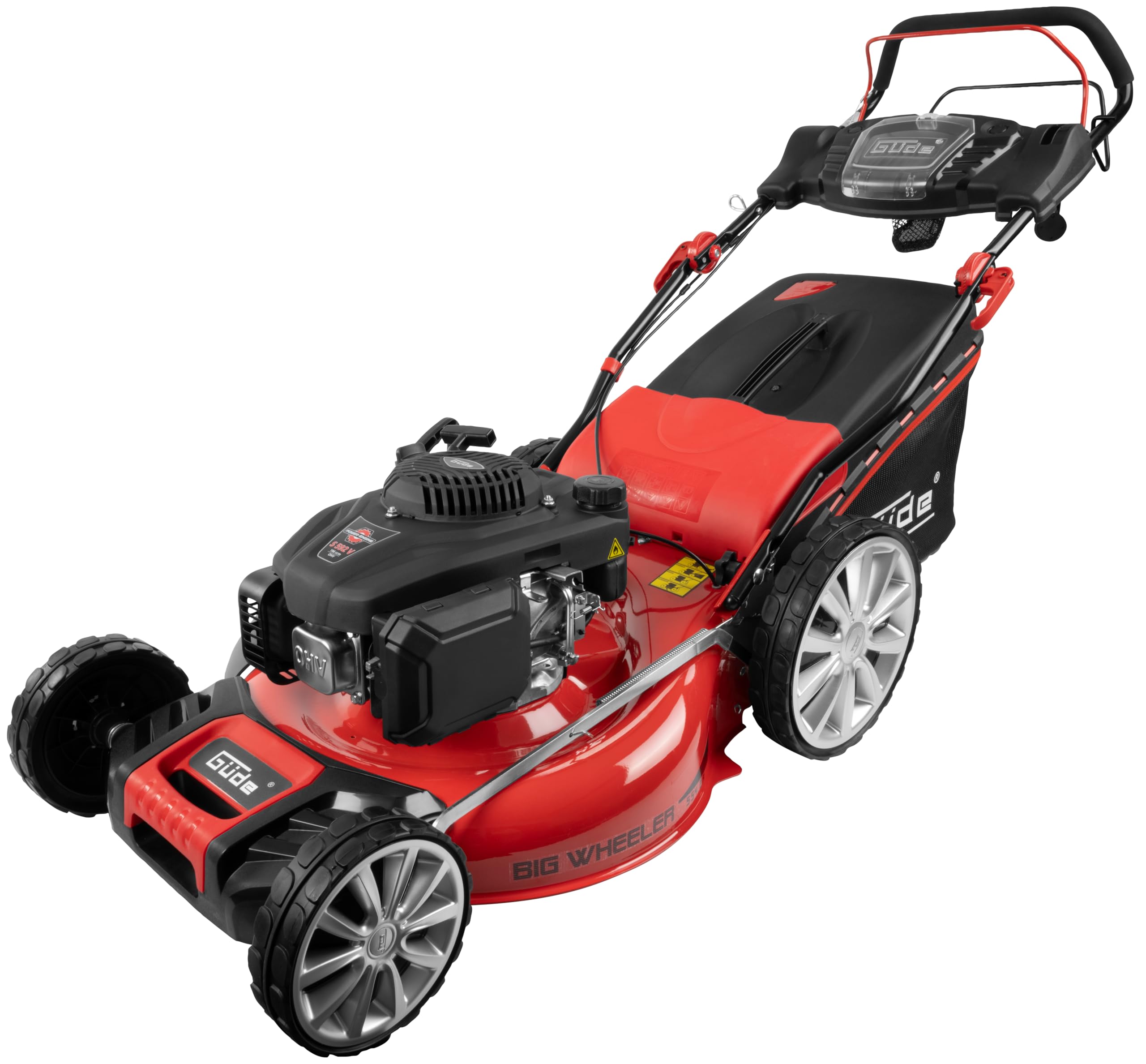 Güde Cortacésped Big Wheeler 554.3 R (Motor de 4 Tiempos 3,7/5,03 (kW/PS), Certificado GS, Ancho de Corte 55 cm, Saco recogedor de Hierba 65 l, Ajuste de Altura de Corte de 6 velocidades, tracción