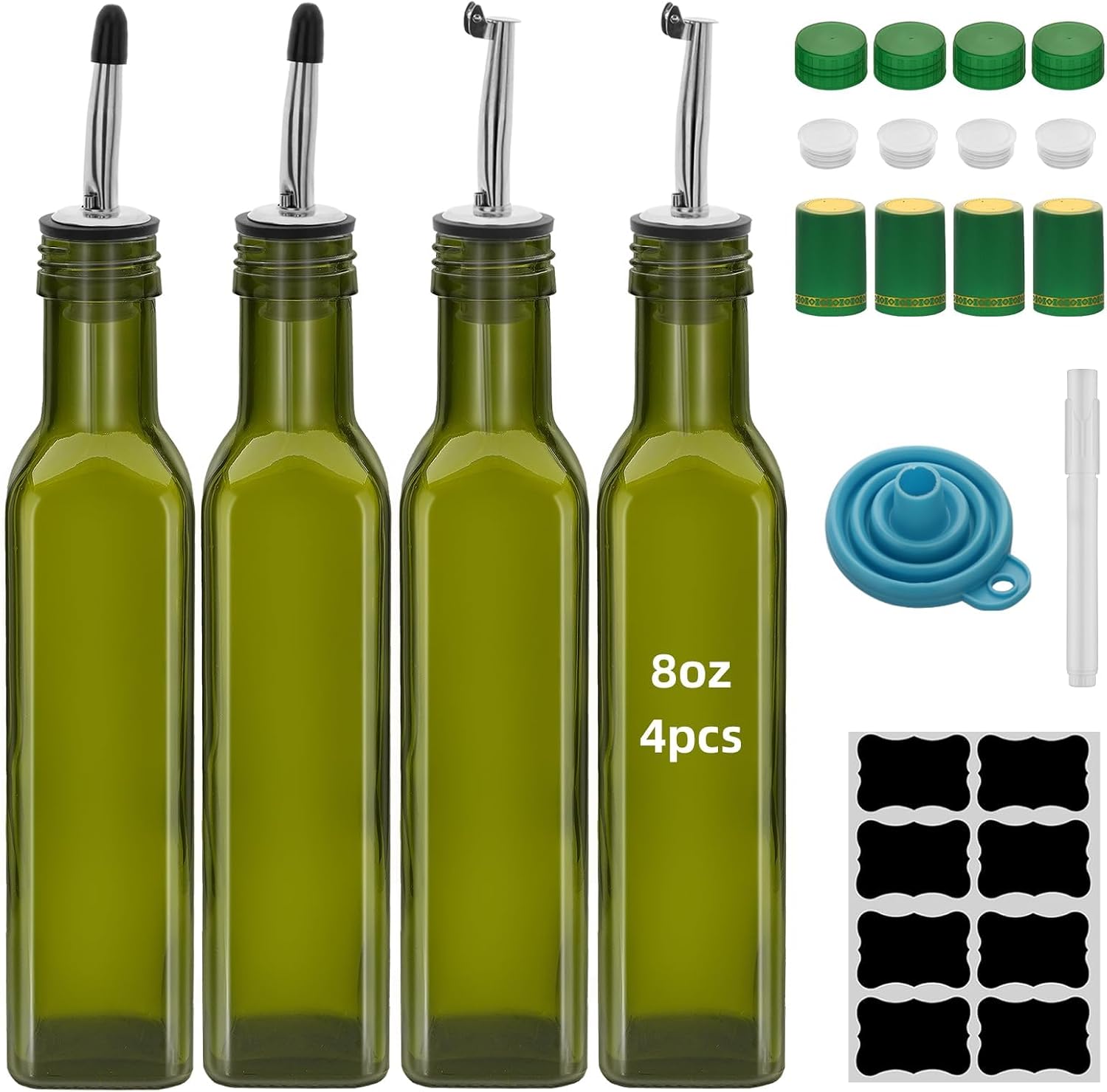4Pcs Green 8 oz Olive Oil Dispenser Bottle,250 ml Glass Oil and Vinegar Dispenser Set with Pourers and Funnel ，Oil Bottles for Kitchen Large capacity oil bottles (4)