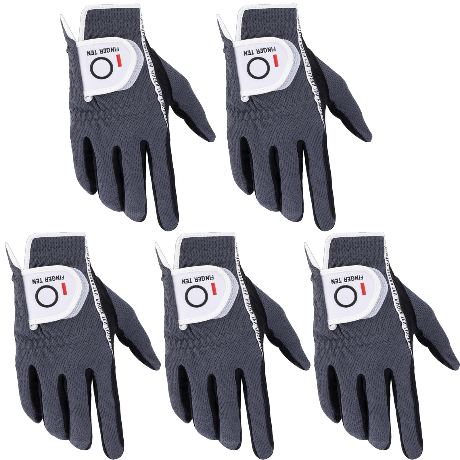 FINGER TEN Golf Gloves Men Left Hand Right Rain Grip Weathersof Value 5 Pack,Mens Golf Glove Wear Resistant Non Slip All Weather Soft Durable (Grey, Large, Right)