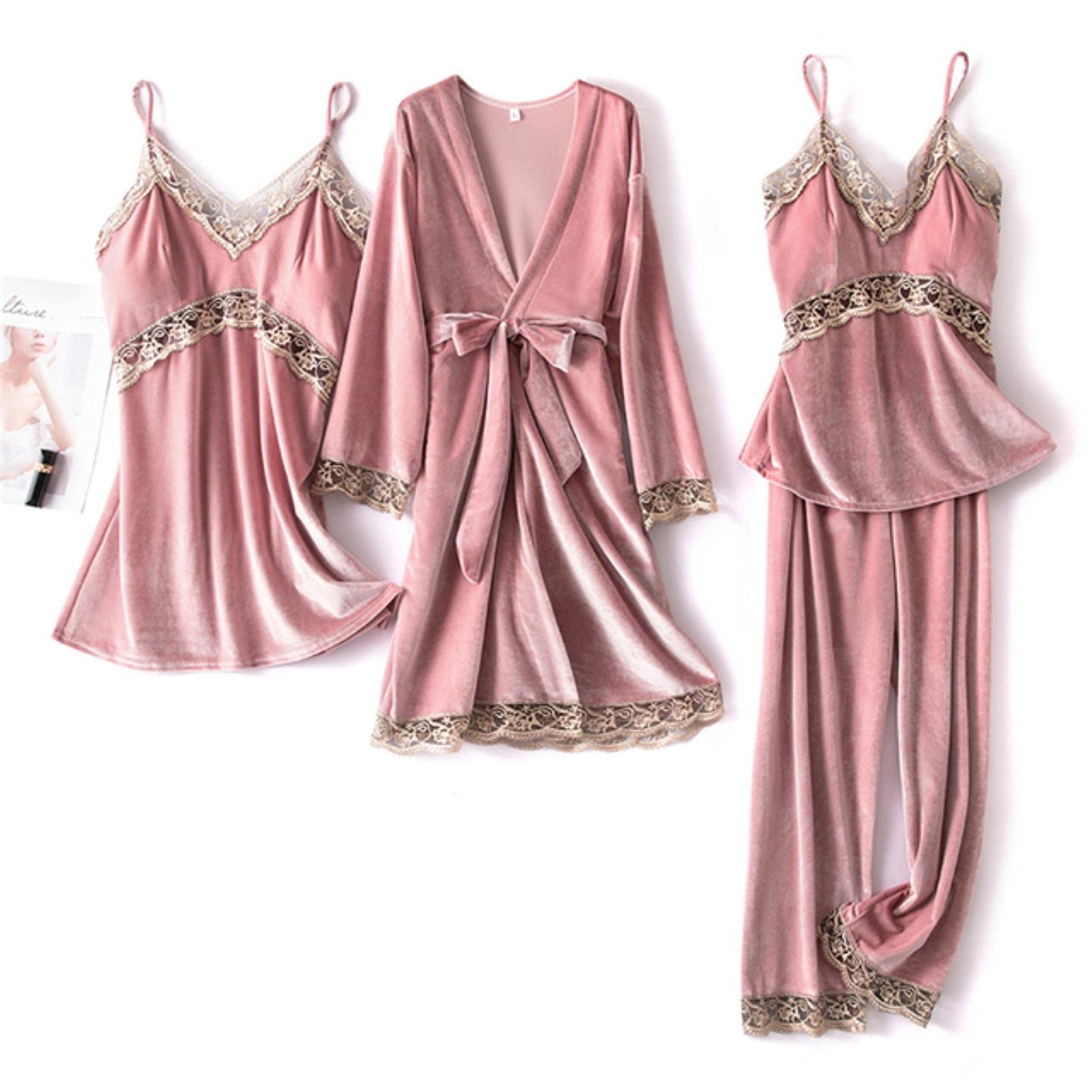 Pigiama Nuove Donne Velvet 4 Pezzi Pigiama Set Set Sling Sexy Pizzo Sexy Sleepwear Inverno Autunno Pigiama con Padella Petto Vino Robe Rossa