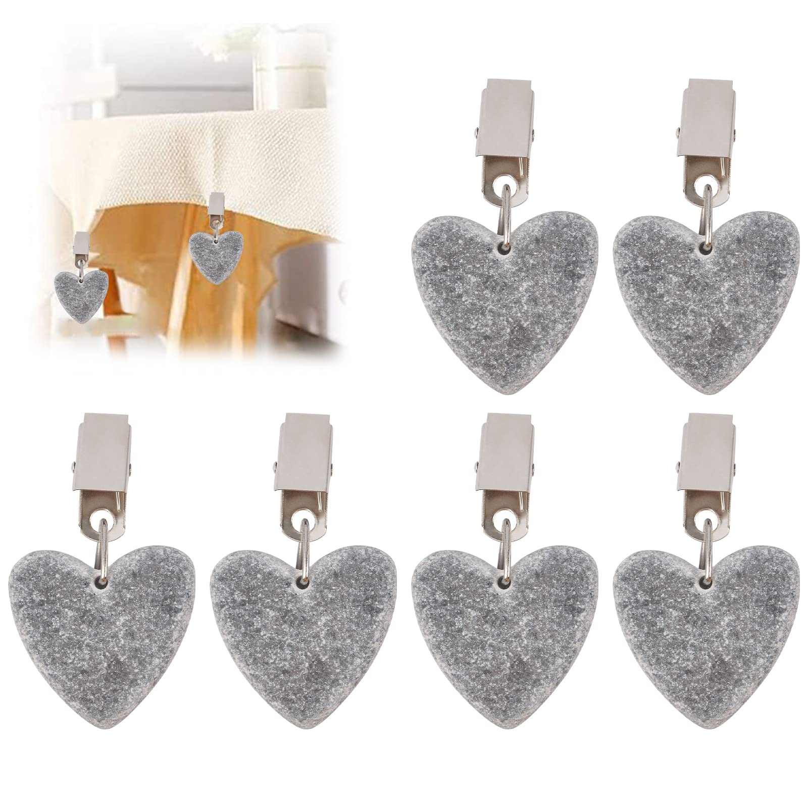Morobor Gray Tablecloth Weights Clips, 6 Pcs Tablecloth Weights Heart Shape Stone Tablecloth Weights Metal Clip For Outdoor Picnic Family Dinner Table Decoration (, Smooth Surface)