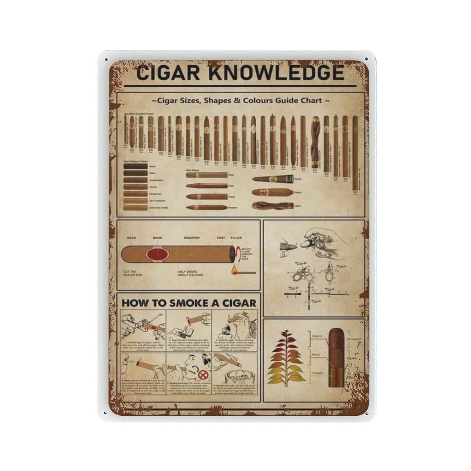 rayprint Cigar Knowledge Poster Metal Tin Sign Art Wall Plaque Decor Vintage Retro Sign Iron Painting Aluminum Sign for Home Decor Bar Shop Men Cave Outdoor Garage Indoor 16"x12"