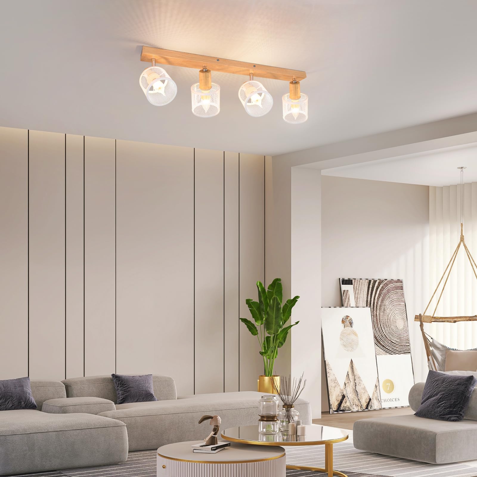 Plafoniera 4 Luci In Legno E Tessuto – Lampada Da Soffitto Vintage E14 Orientabile 350° Per Soggiorno