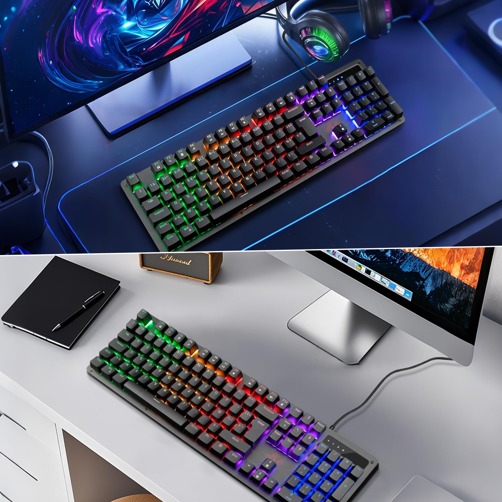 Rii Clavier Gamer AZERTY FR - USB - Clavier Filaire avec Éclairage LED | Compatible PC Gaming PS4 PS5 Mac | Noir