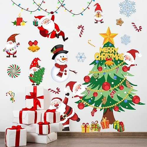 Miniatura 2 de Calcomanía de pared de árbol de Navidad de 41.33 x 41.33 pulgadas, calcomanías de pared de Papá Noel de Navidad, muñecos de nieve, decoración de